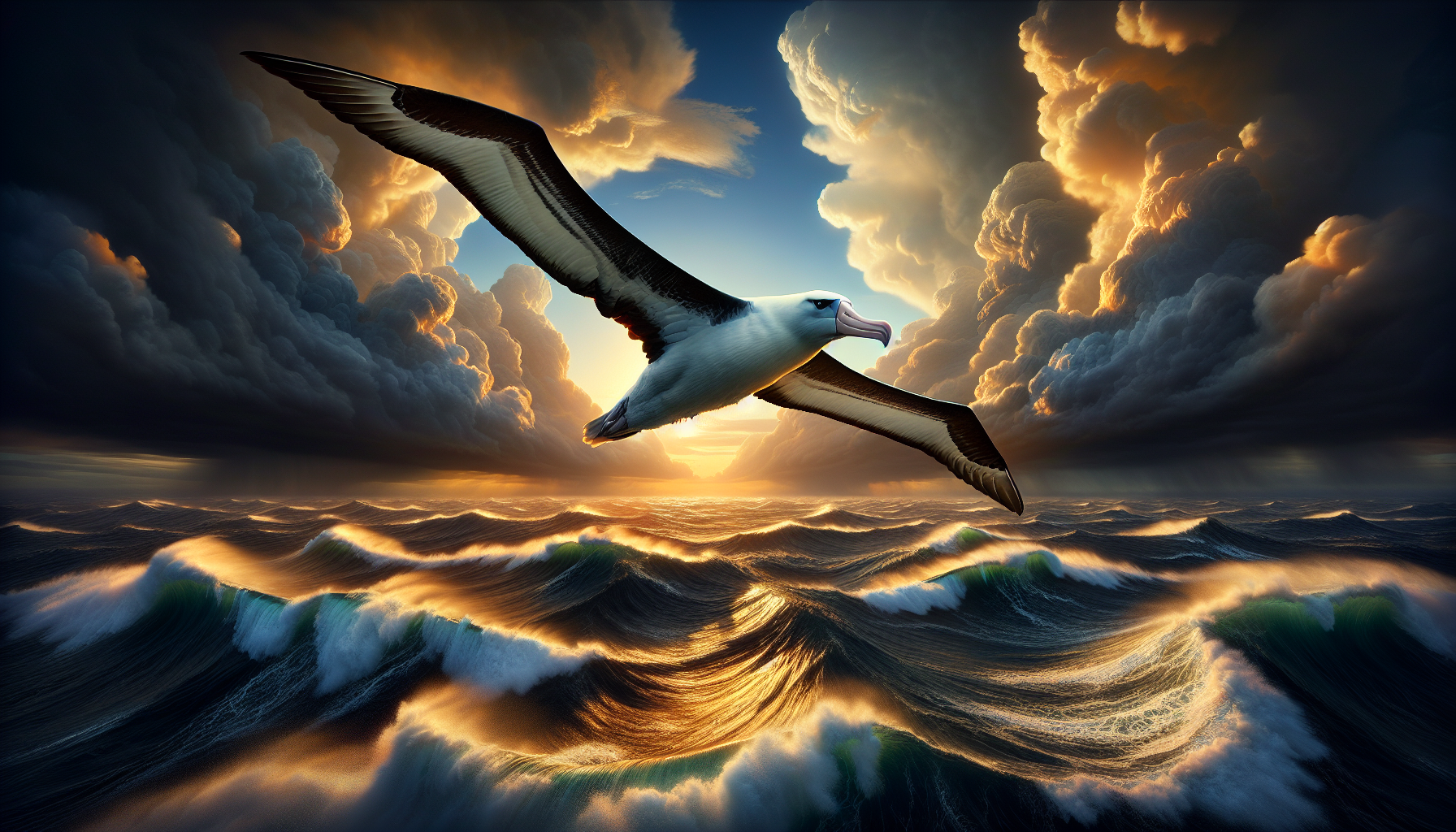 信天翁孤獨飛越蔚藍大海的景象，象徵自由與孤獨