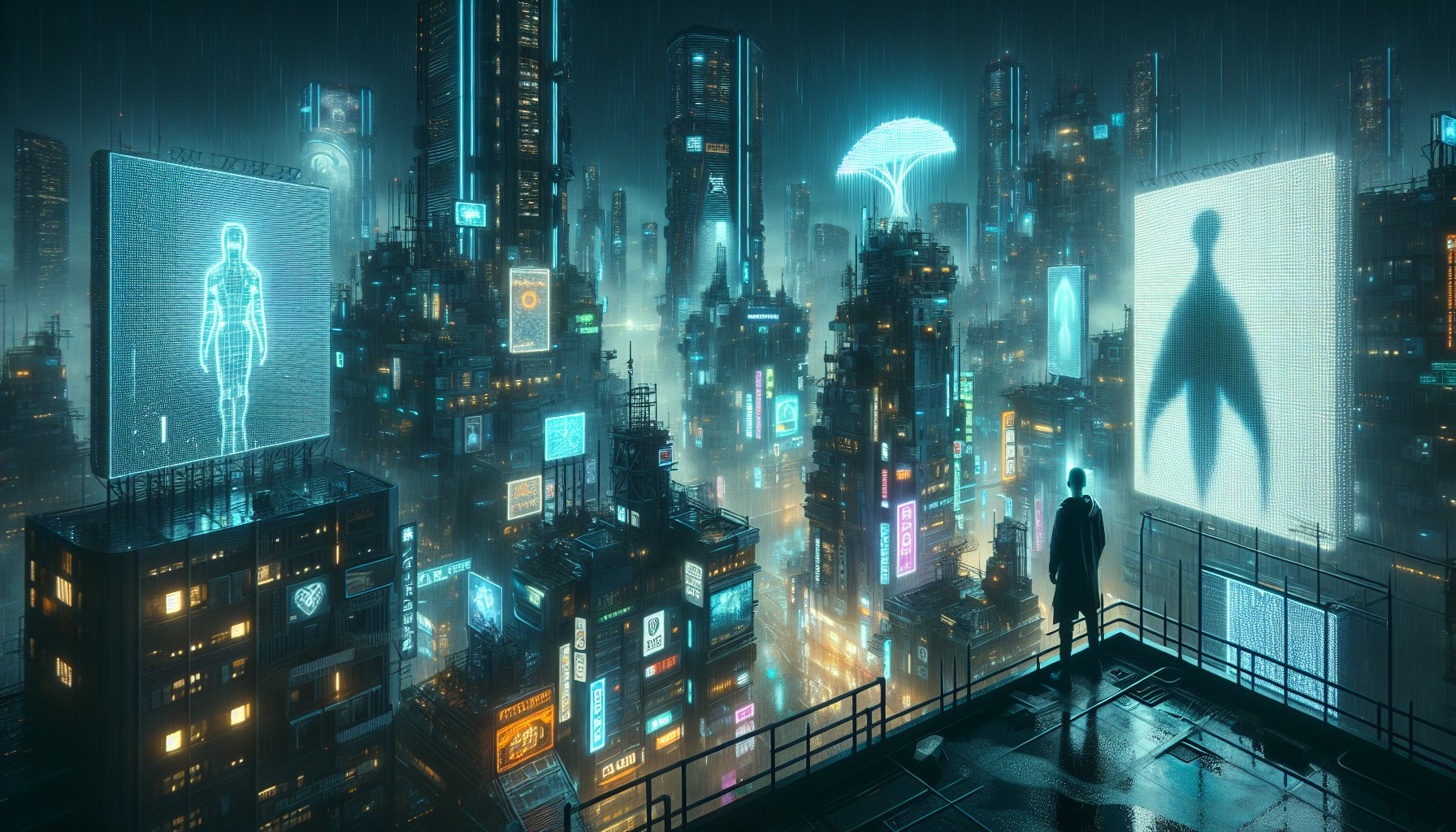 賽博龐克城市背景下的信天翁與主角剪影