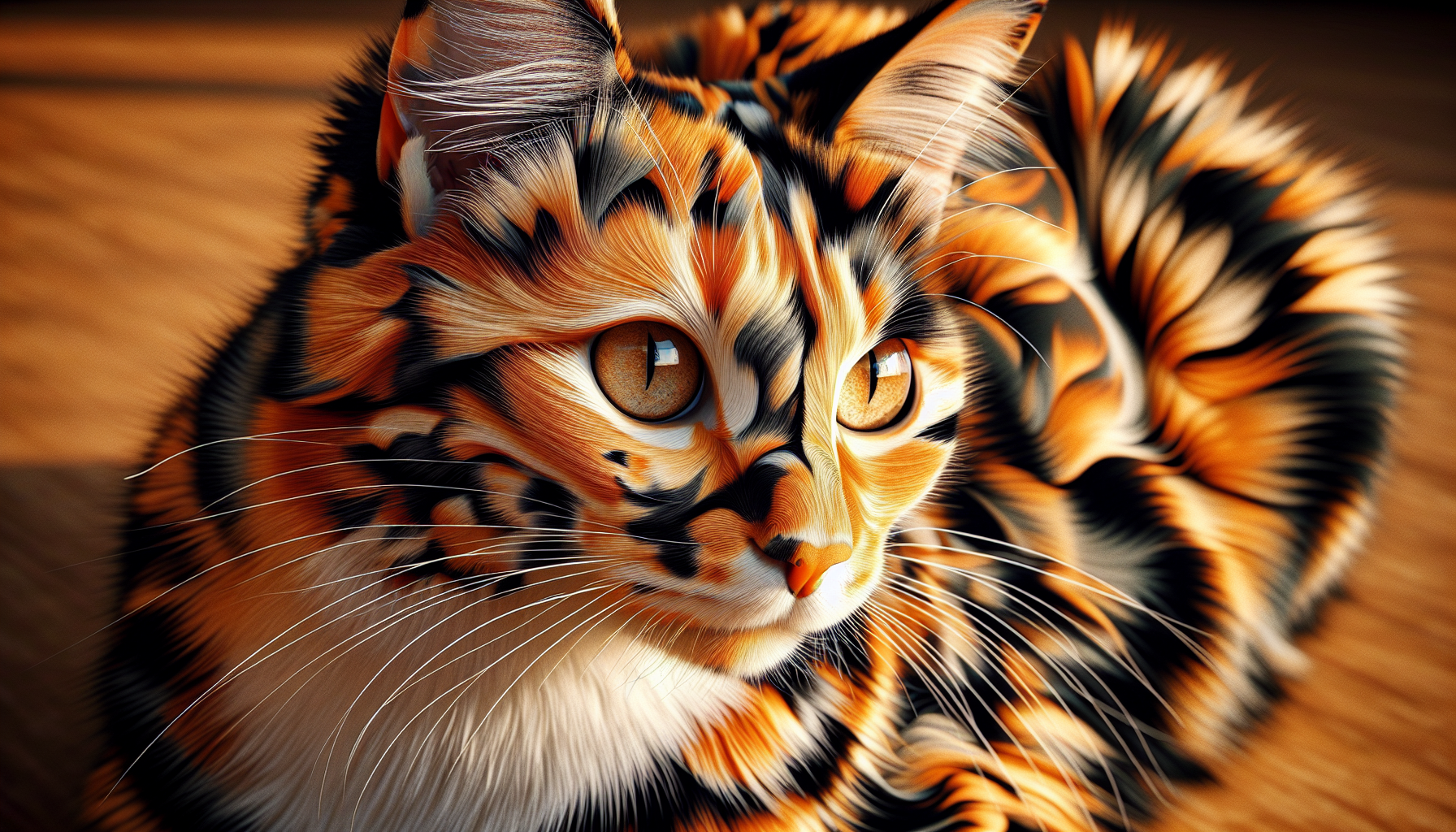 近拍三毛貓臉部,清楚展示毛色的基因分佈,眼神靈動可愛