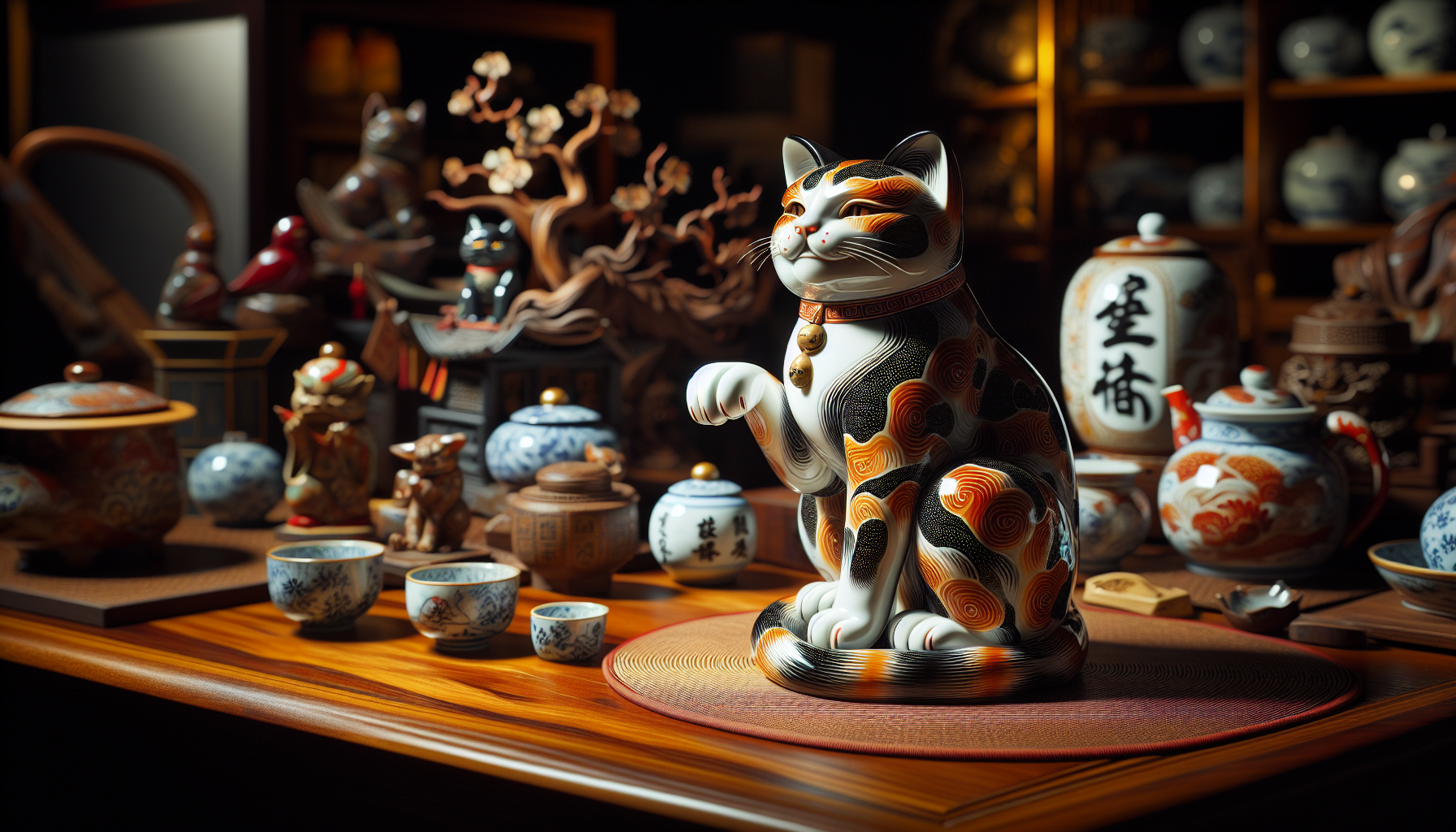 日本傳統招財貓公仔,展現典型三色毛紋,擺放在店家門口迎財納福