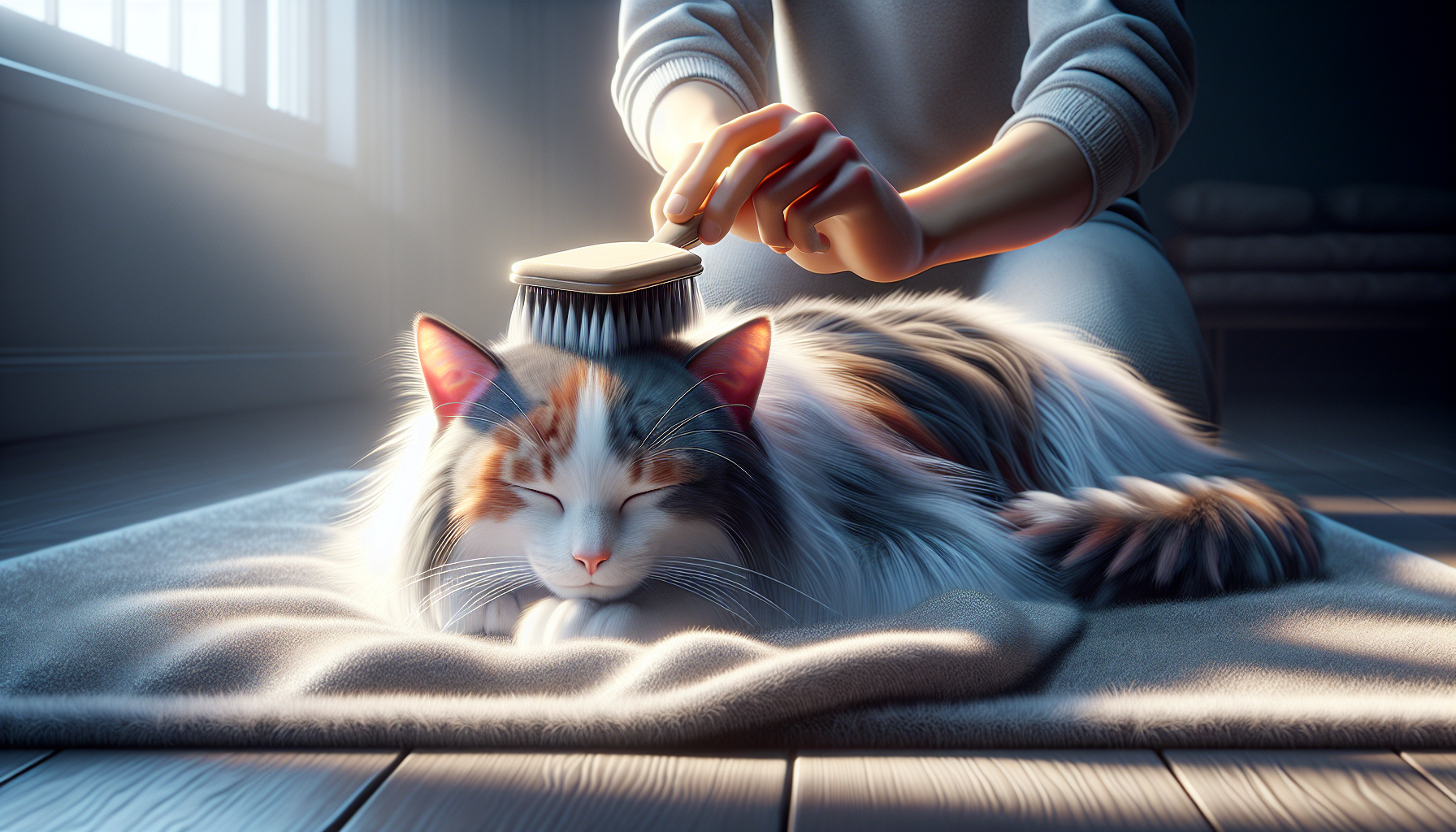 主人為三毛長毛貓梳理毛髮,展現日常護理情境