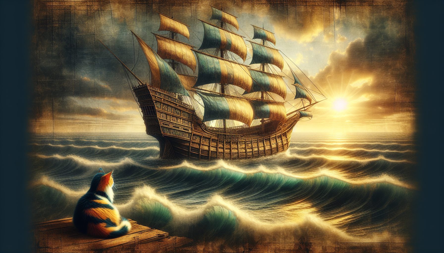 古典畫作中的三毛貓,與船隻背景呼應,象徵貓咪隨航海傳播各地