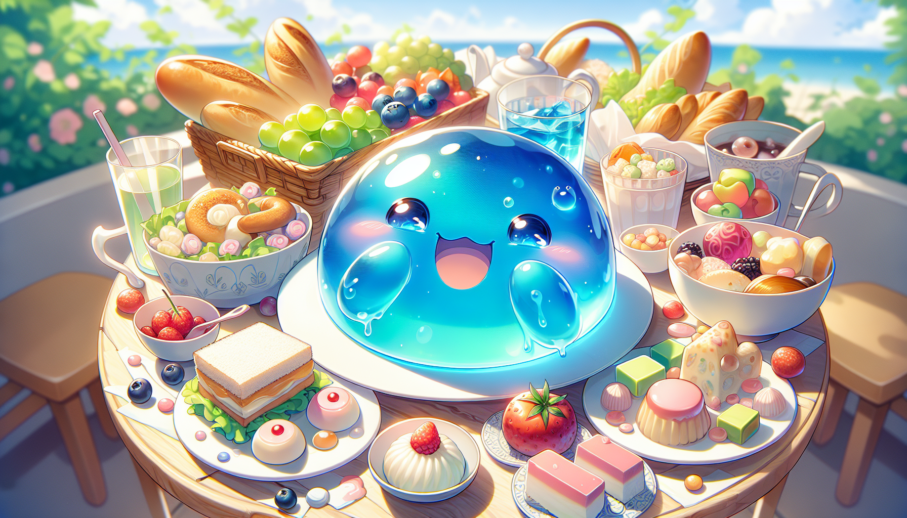 主角與隊伍用餐，緋爾、史伊、多拉盯著美食流口水可愛情景