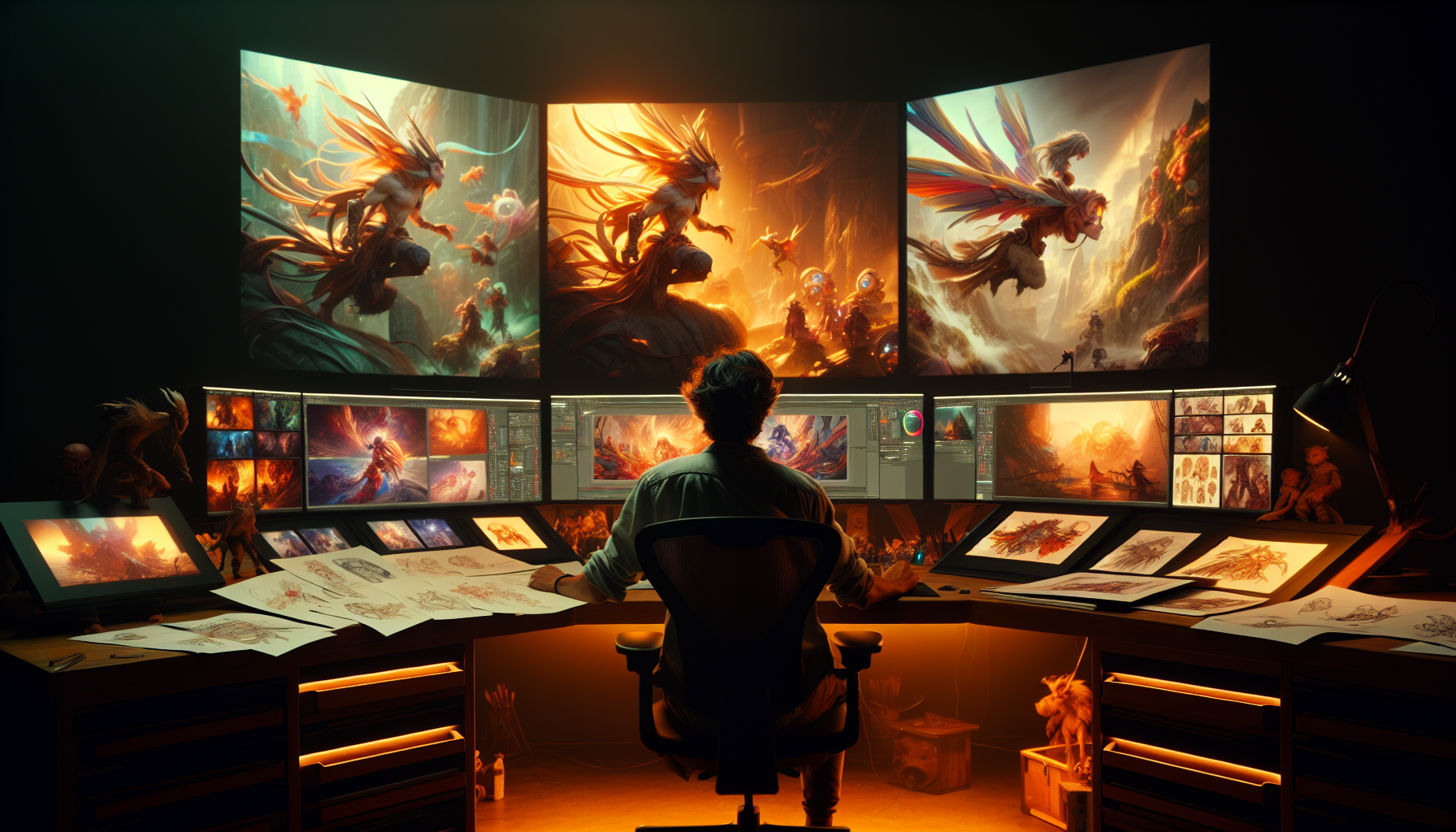 藍色協定開發團隊討論流程，壁佈充滿美術概念圖