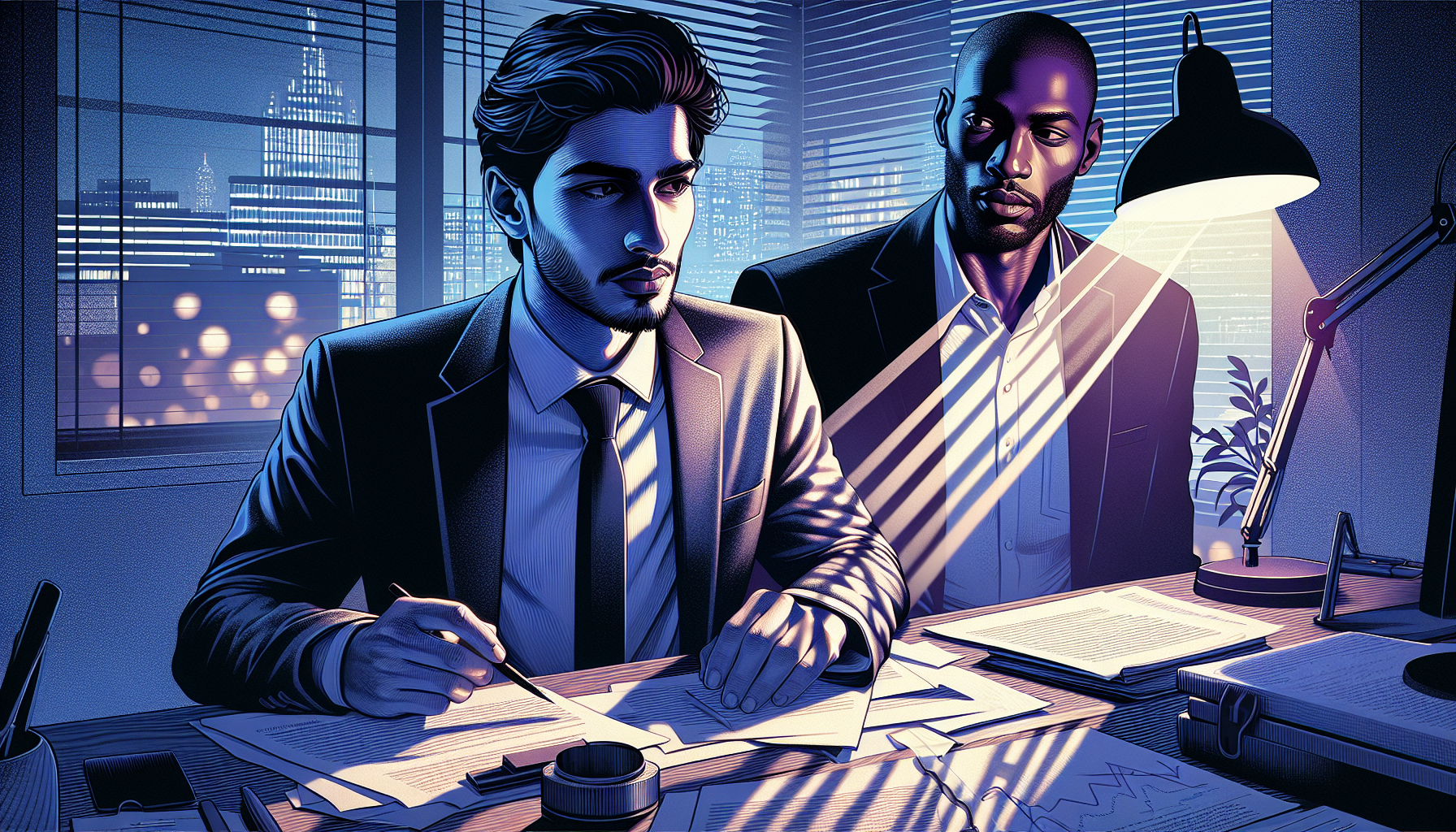 《默讀》小說中費渡形象,黑色西裝男子眺望都市夜景,孤獨又強大