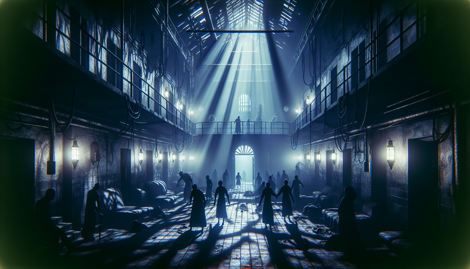 遊戲中夜視攝影機的經典視角，昏暗走廊與主角緊張探索場景