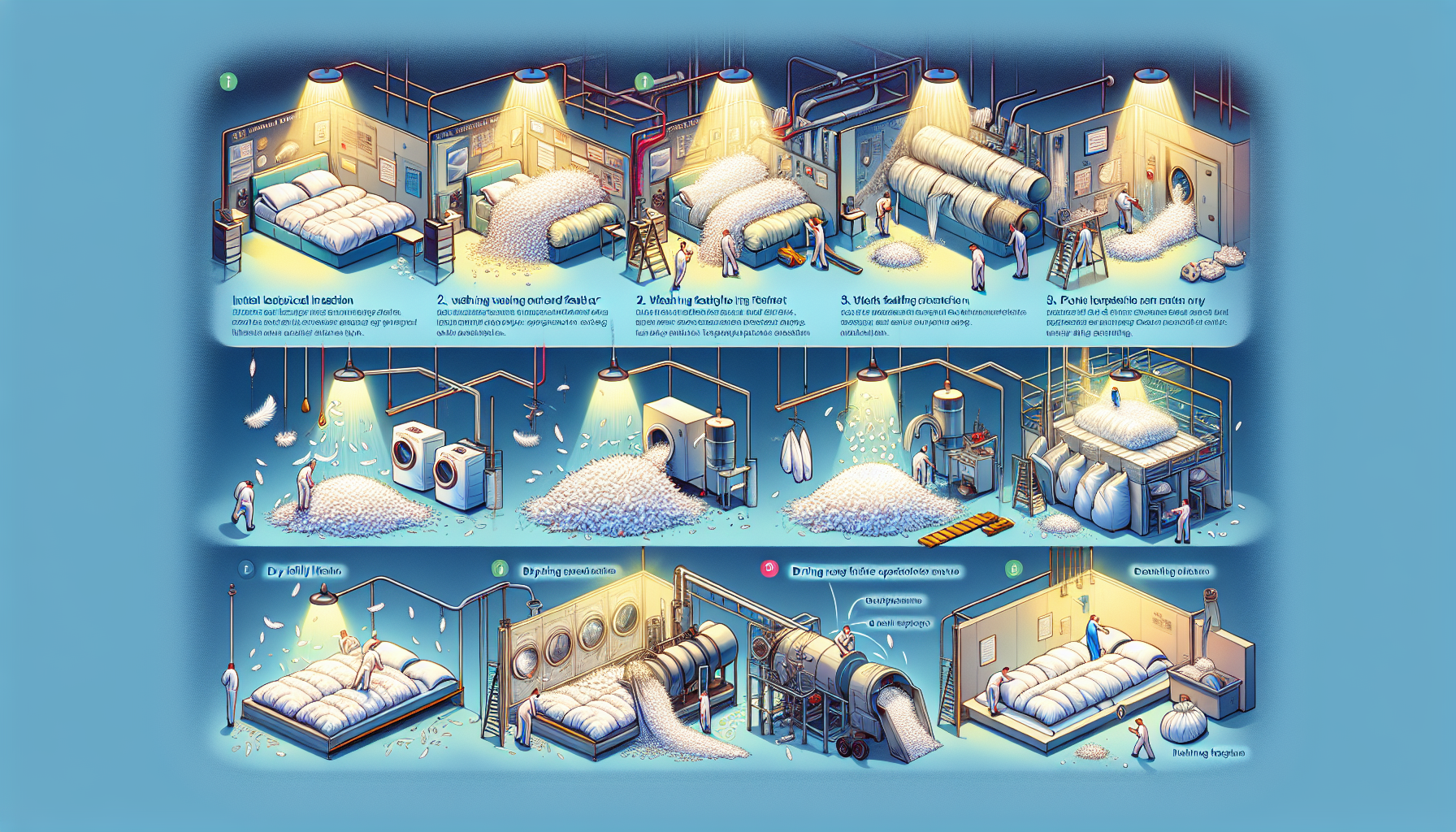 翻新羽毛被的材料準備與篩檢流程。