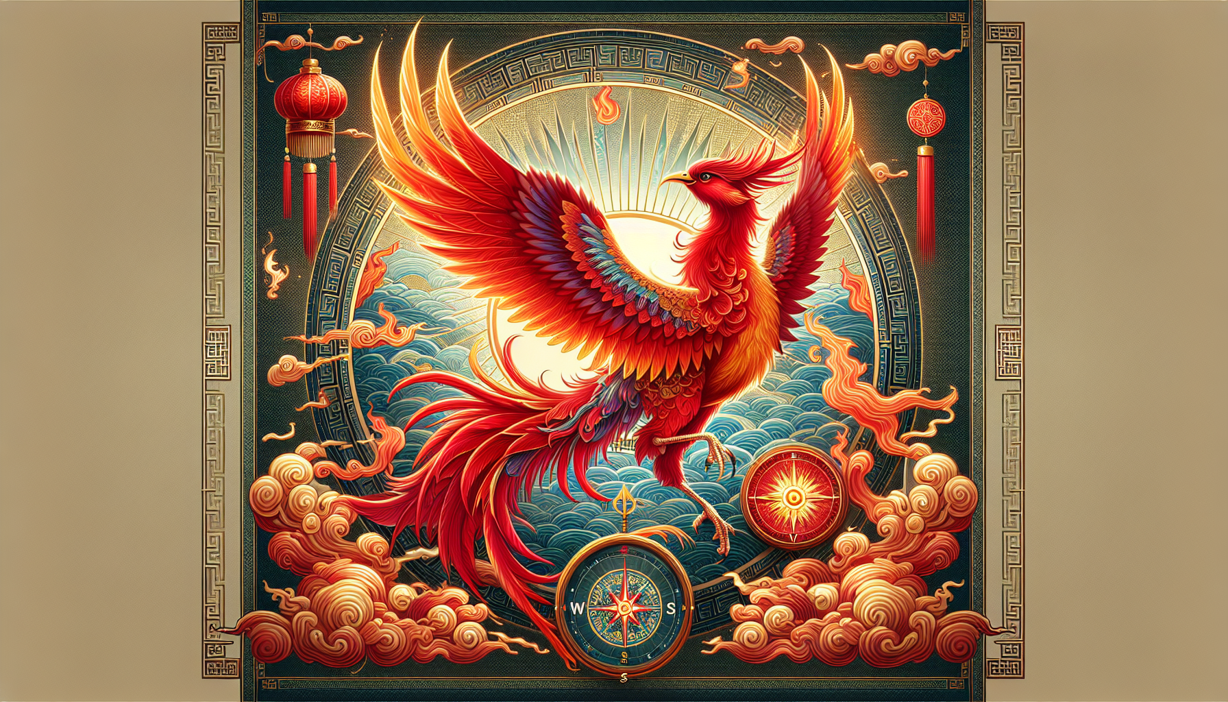 古代壁畫中的朱雀形象,火焰羽翼與神祇位列四方