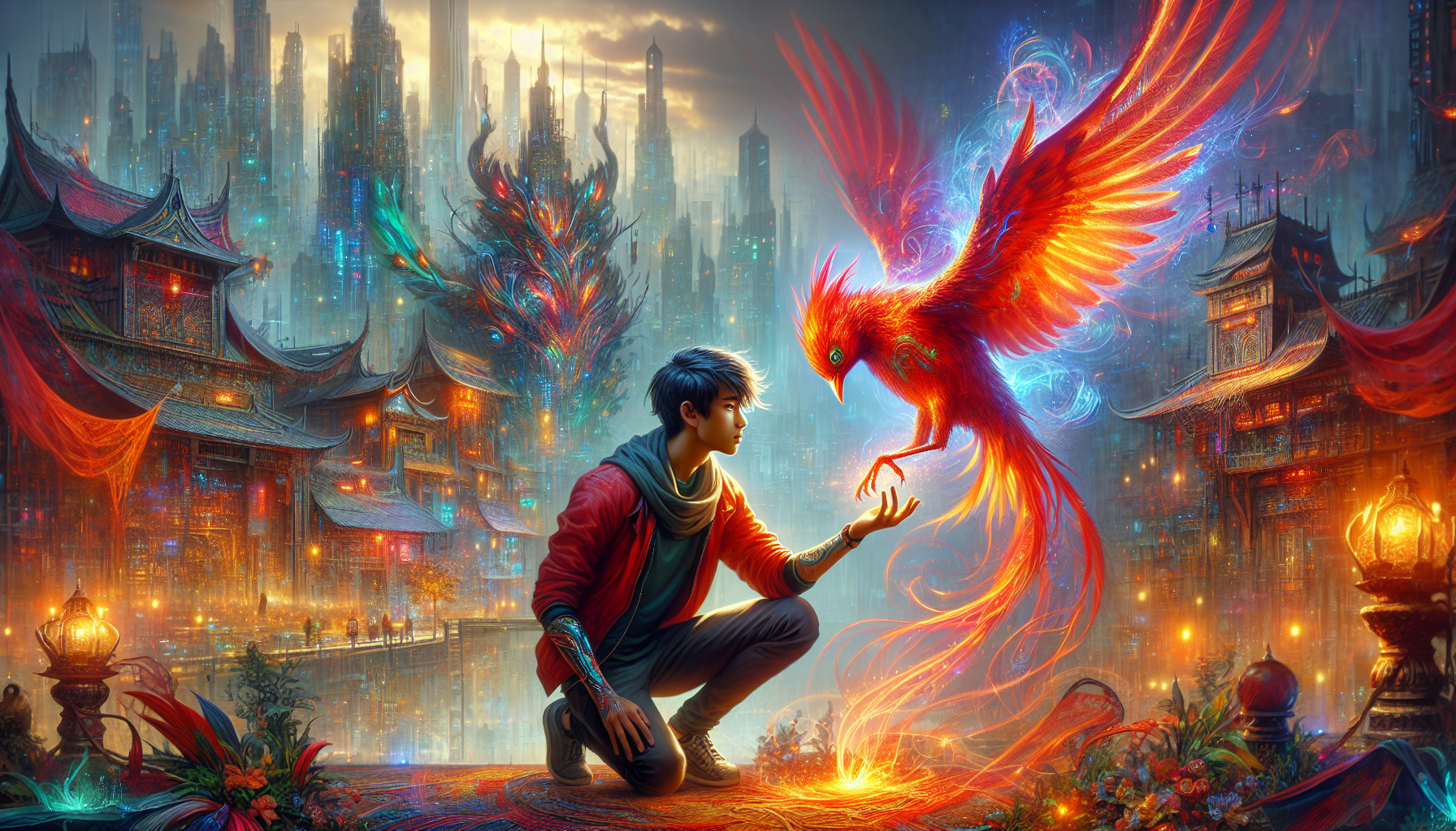御獸類小說原創封面,火焰朱雀與現代都市