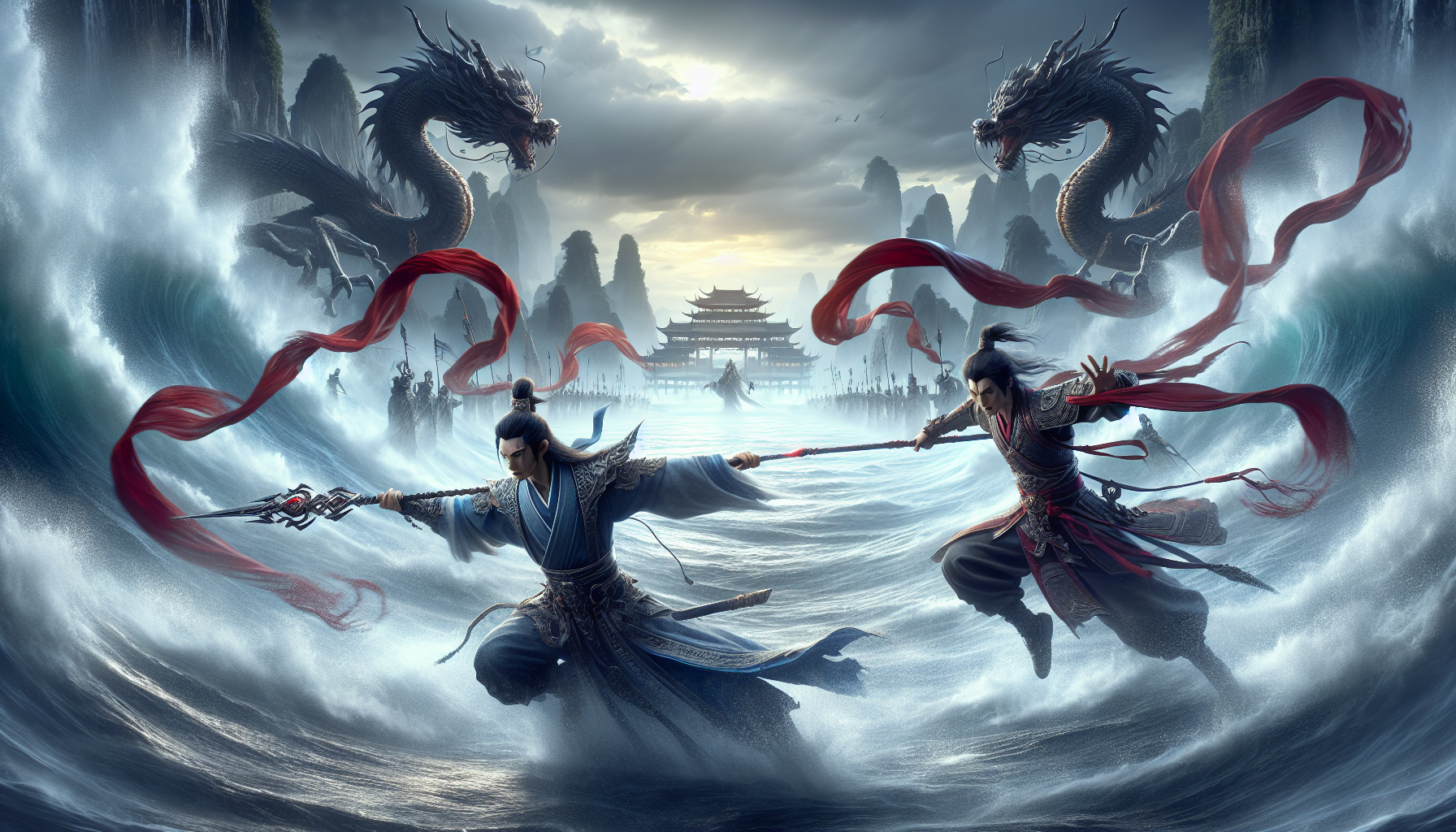 《封神演義》明代古籍插畫，敖丙持武器出水與哪吒決戰，典型悲劇配角形象