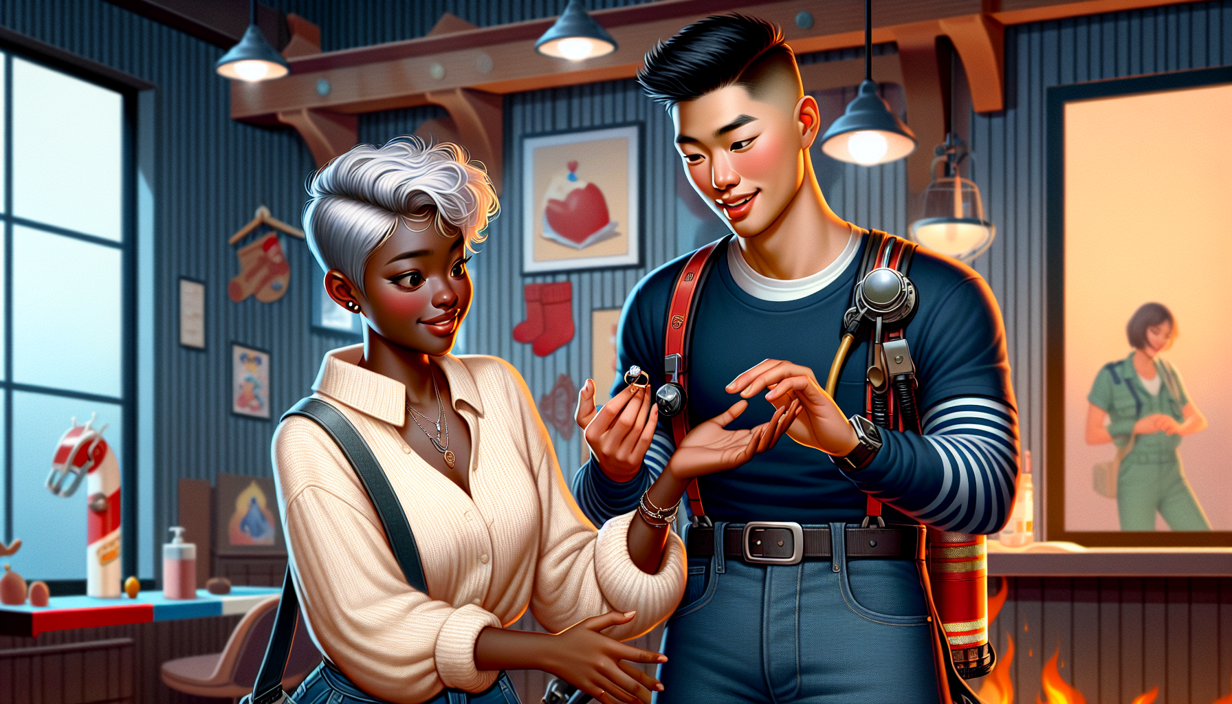 《我見烈焰》插畫,展現主角甜蜜互動與消防員形象