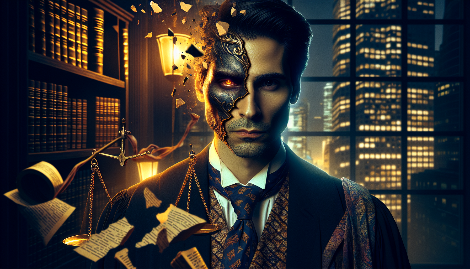 象徵暗黑正義的法鎚與面具,隱喻主角雙重身份與道德難題