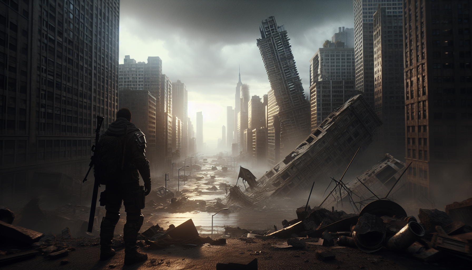 末世廢土風格插畫,主角在破敗城市上俯瞰秩序崩壞的世界