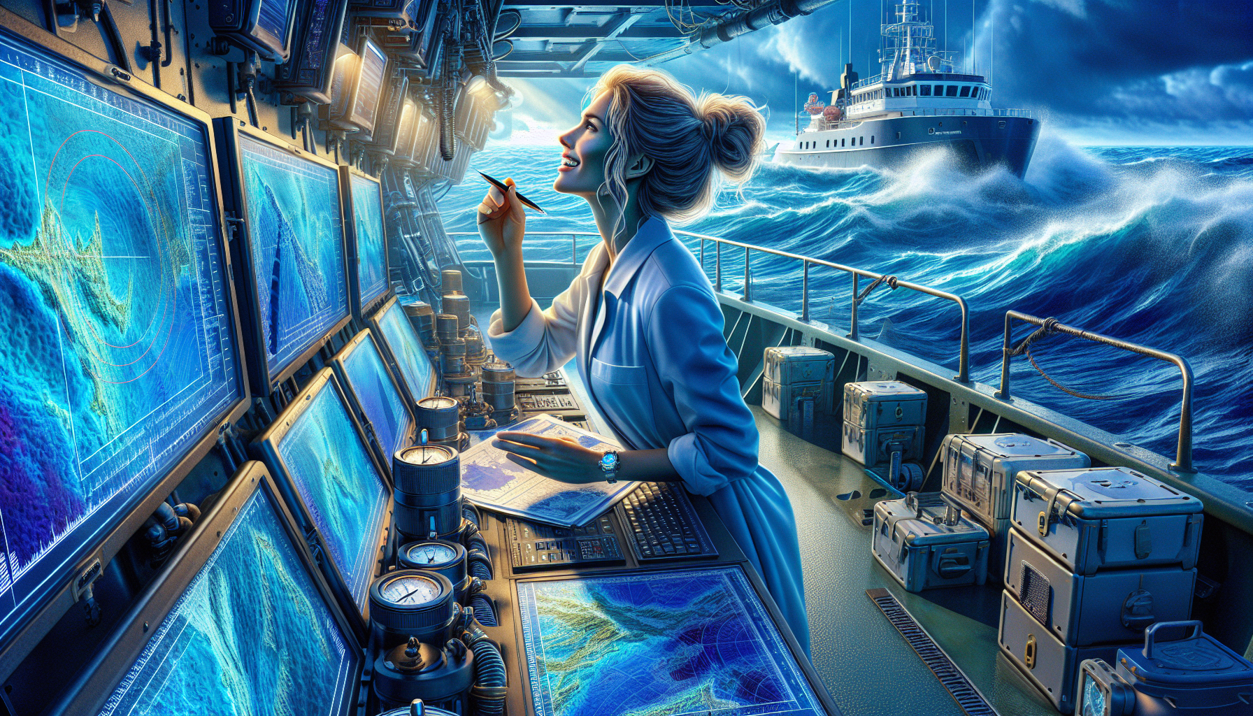 《我的波塞冬》小說插圖，展現海洋神話和科學研究的融合場景