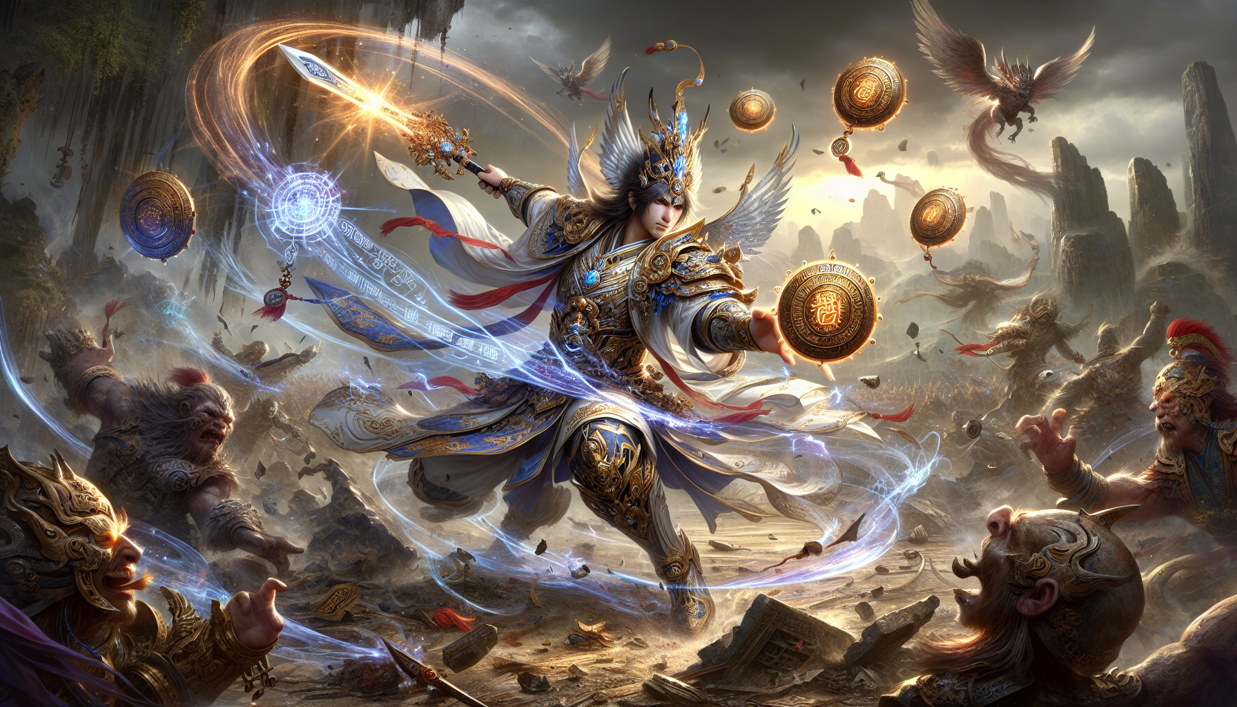 玄天上帝斬妖除魔,手持寶劍揮斬,妖魔四散,天地為之一清。