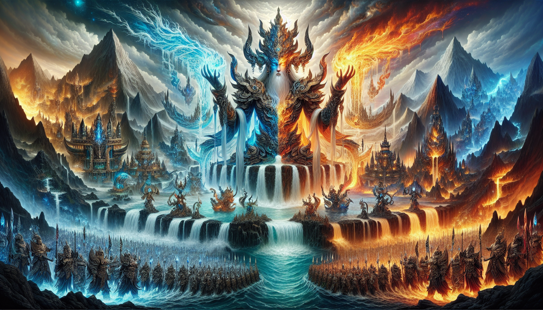 玄天上帝調和水火之力,手持法器展現神祇掌控元素的壯闊景象。