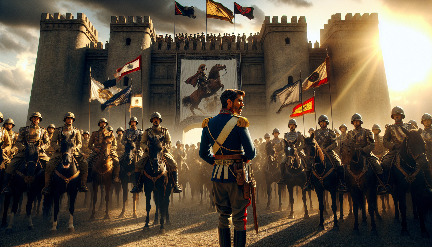 調查兵團團長艾爾文率領士兵衝鋒，背景是巨人與硝煙