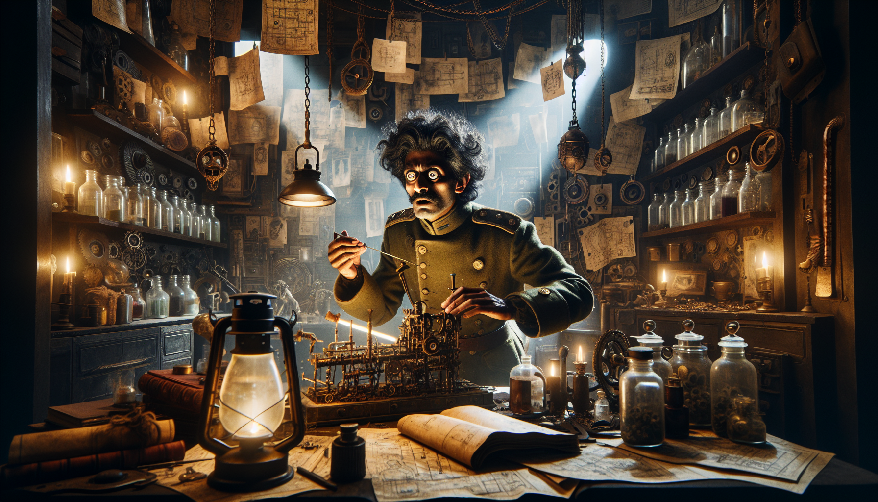 漢吉帶著標誌護目鏡，站在雷槍與爆炸殘骸之間