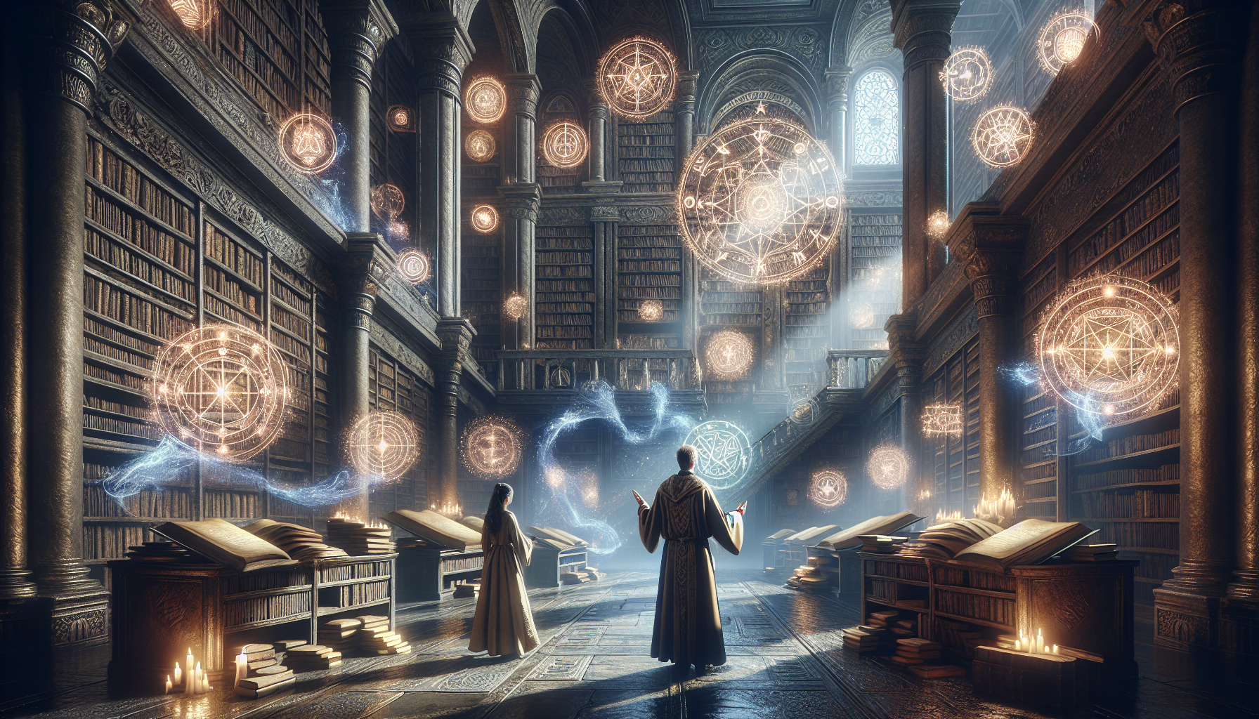 原創奇幻小說中強大智慧導師引導主角的藝術插圖。