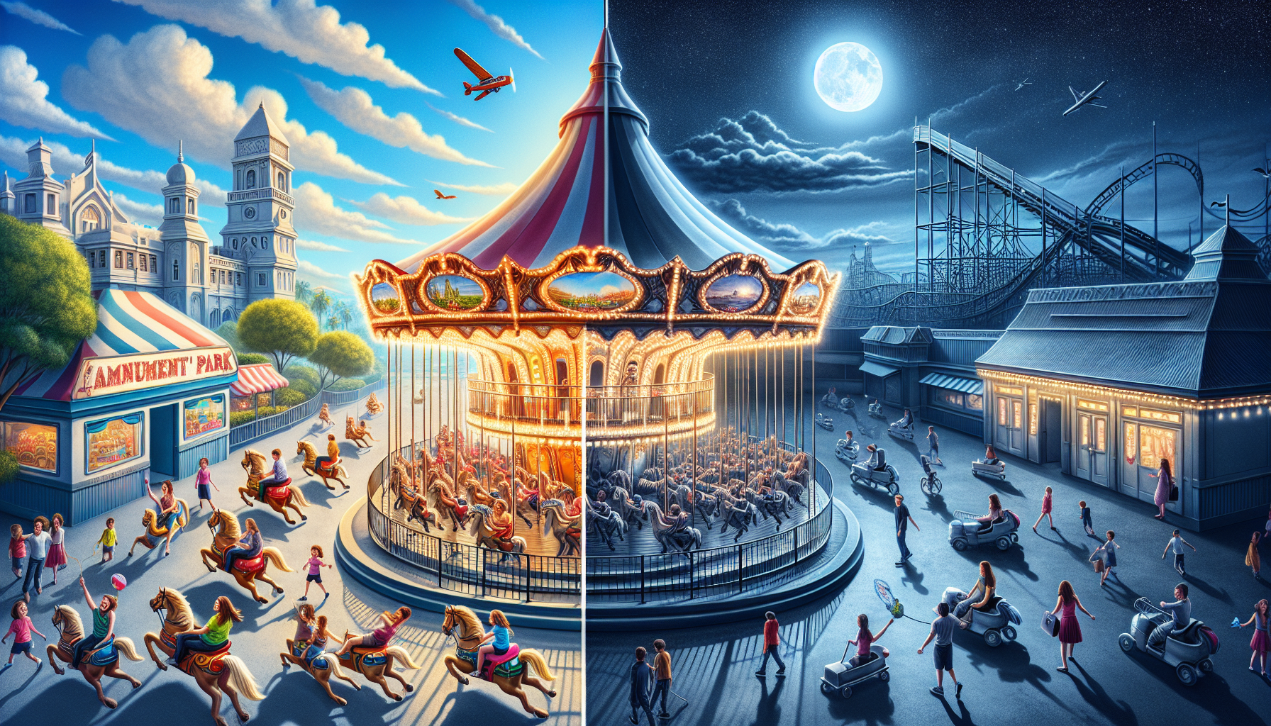 夕陽下的空蕩蕩摩天輪與遊樂設施