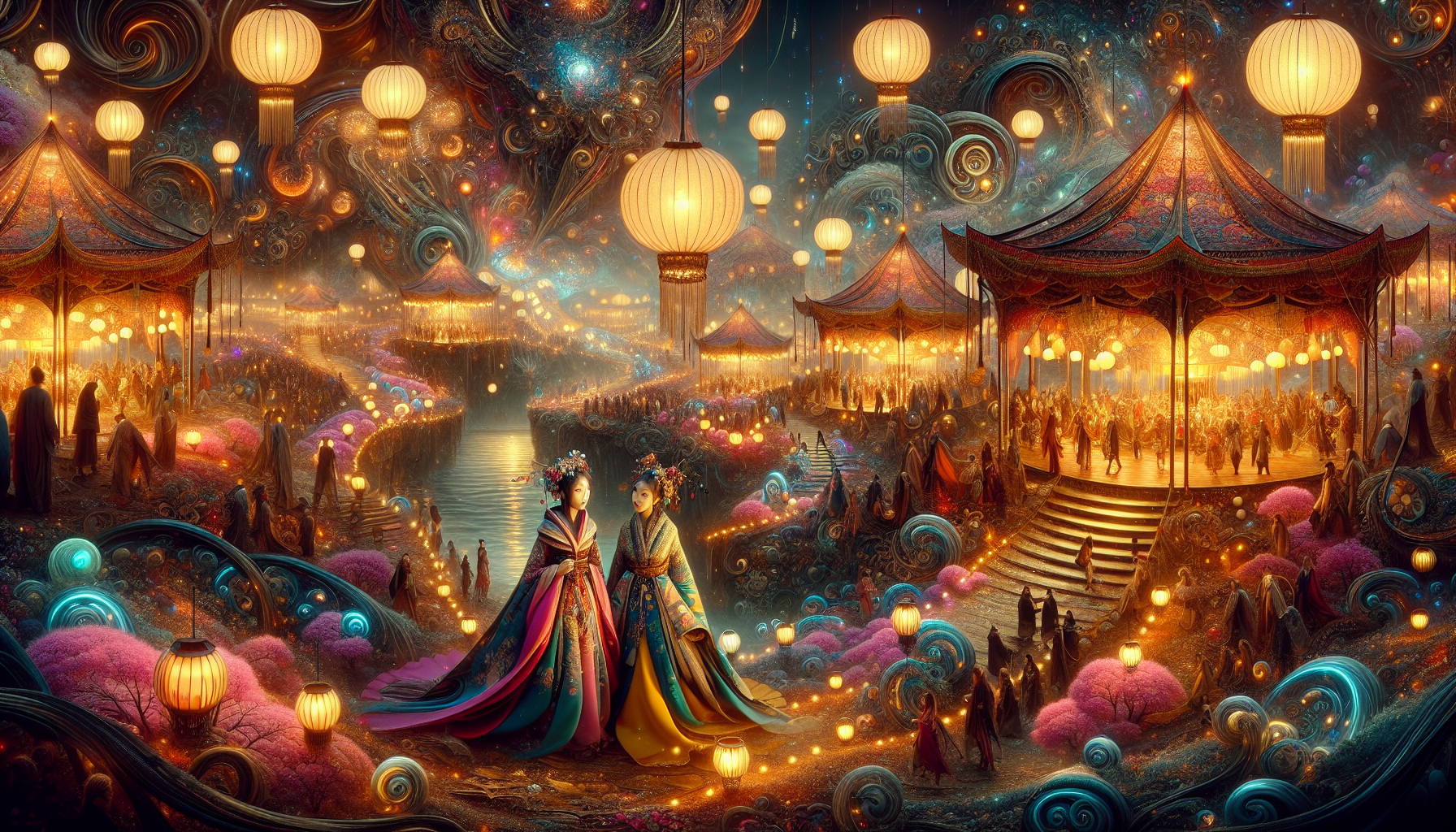 神秘魔法嘉年華燈光下的姐妹對視