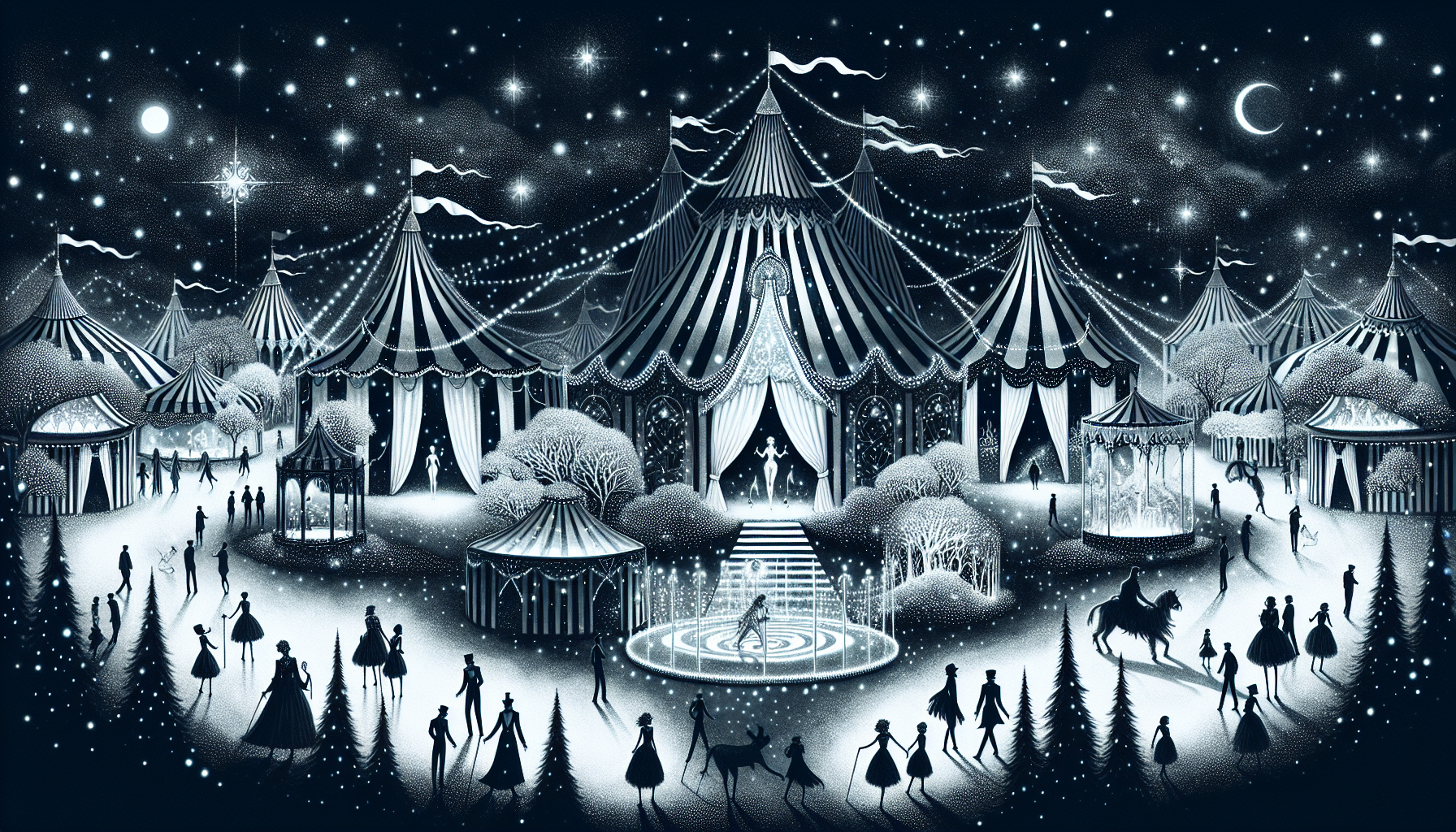 黑白條紋帳篷構成的神秘夜行馬戲團