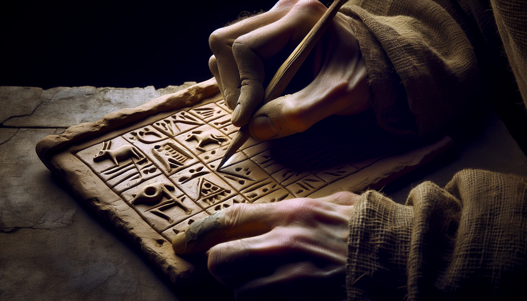 蘇美爾楔形文字泥板，顯示早期象形與楔形並存的書寫形式。