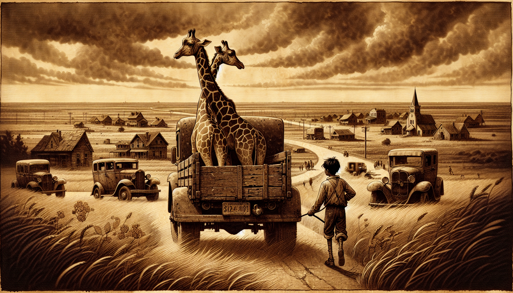 《長頸鹿男孩》小說封面,展現流浪與希望並存的公路冒險氛圍