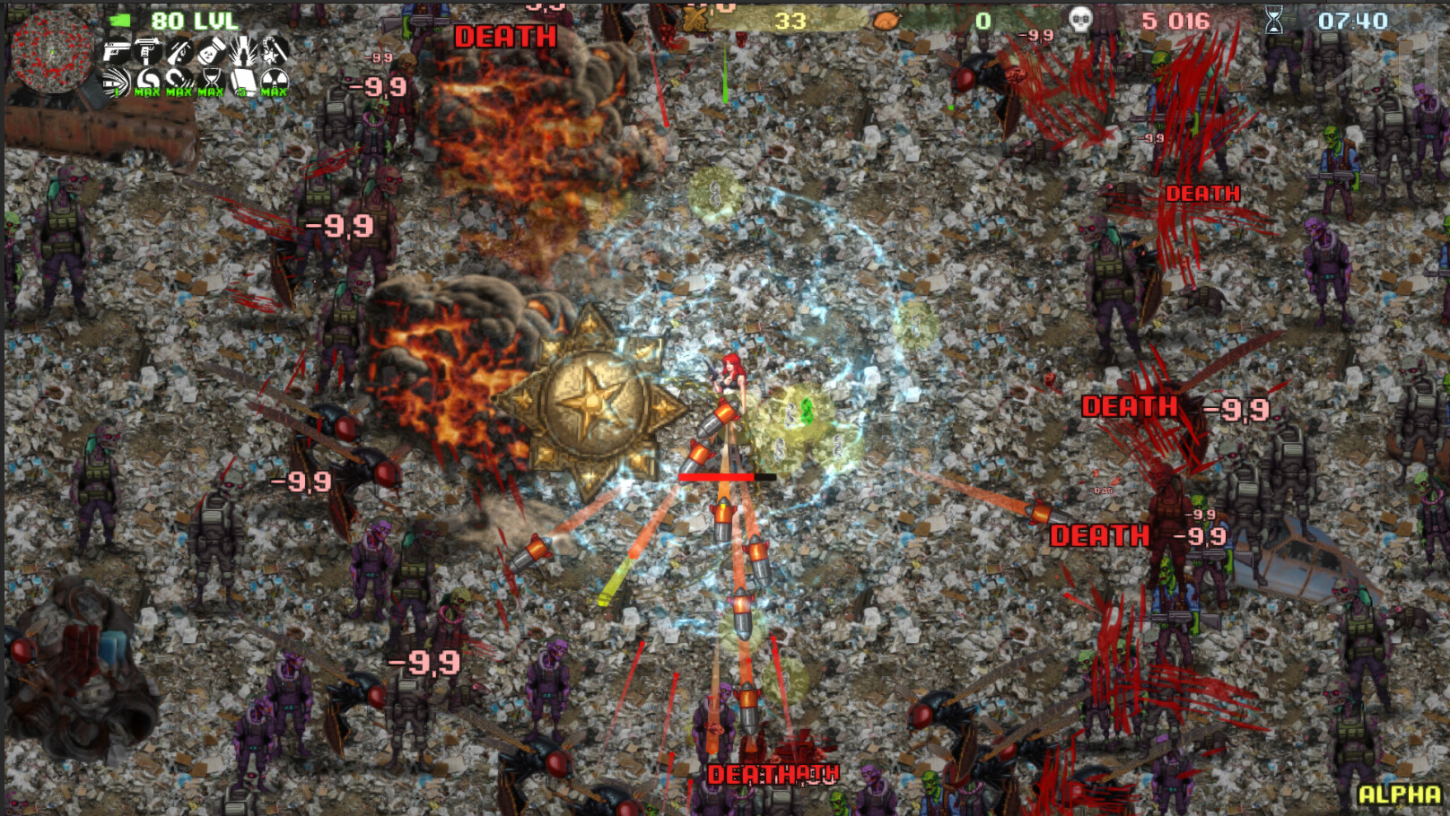 角色被密集的彈幕和怪物圍攻,凸顯了遊戲的彈幕地獄元素。