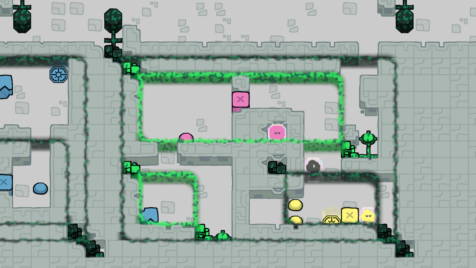 遊戲中的一個自然場景,有樹木和岩石。