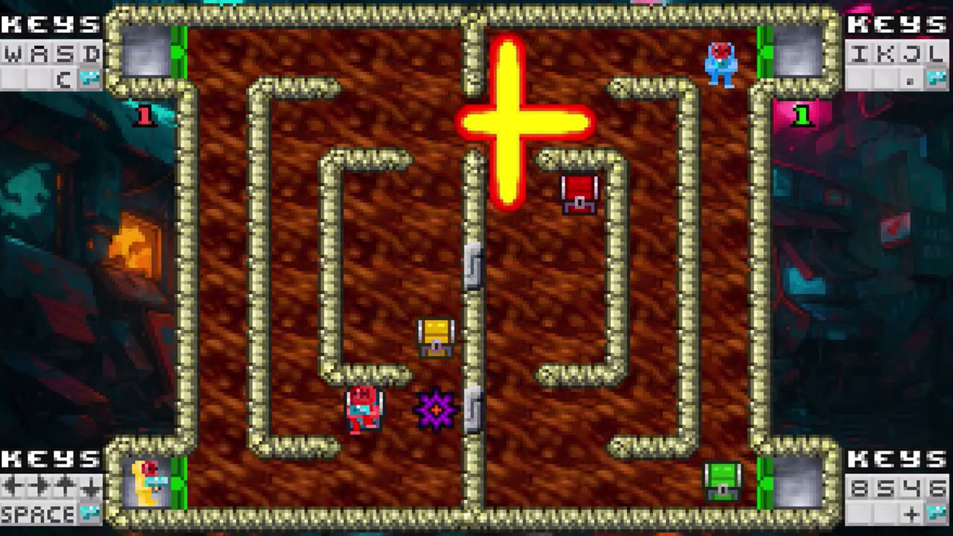 另一張遊戲截圖，可以看到不同顏色的飛船與散落的強化道具。