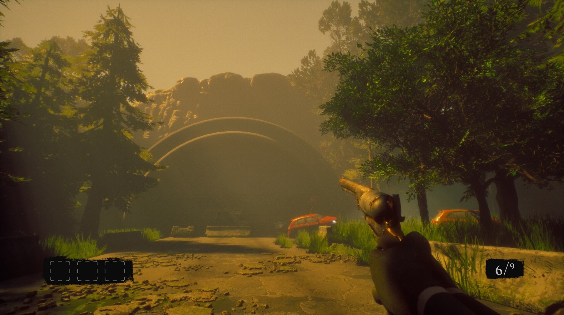 遊戲場景截圖，光影穿過破敗的窗戶灑在雜草叢生的室內