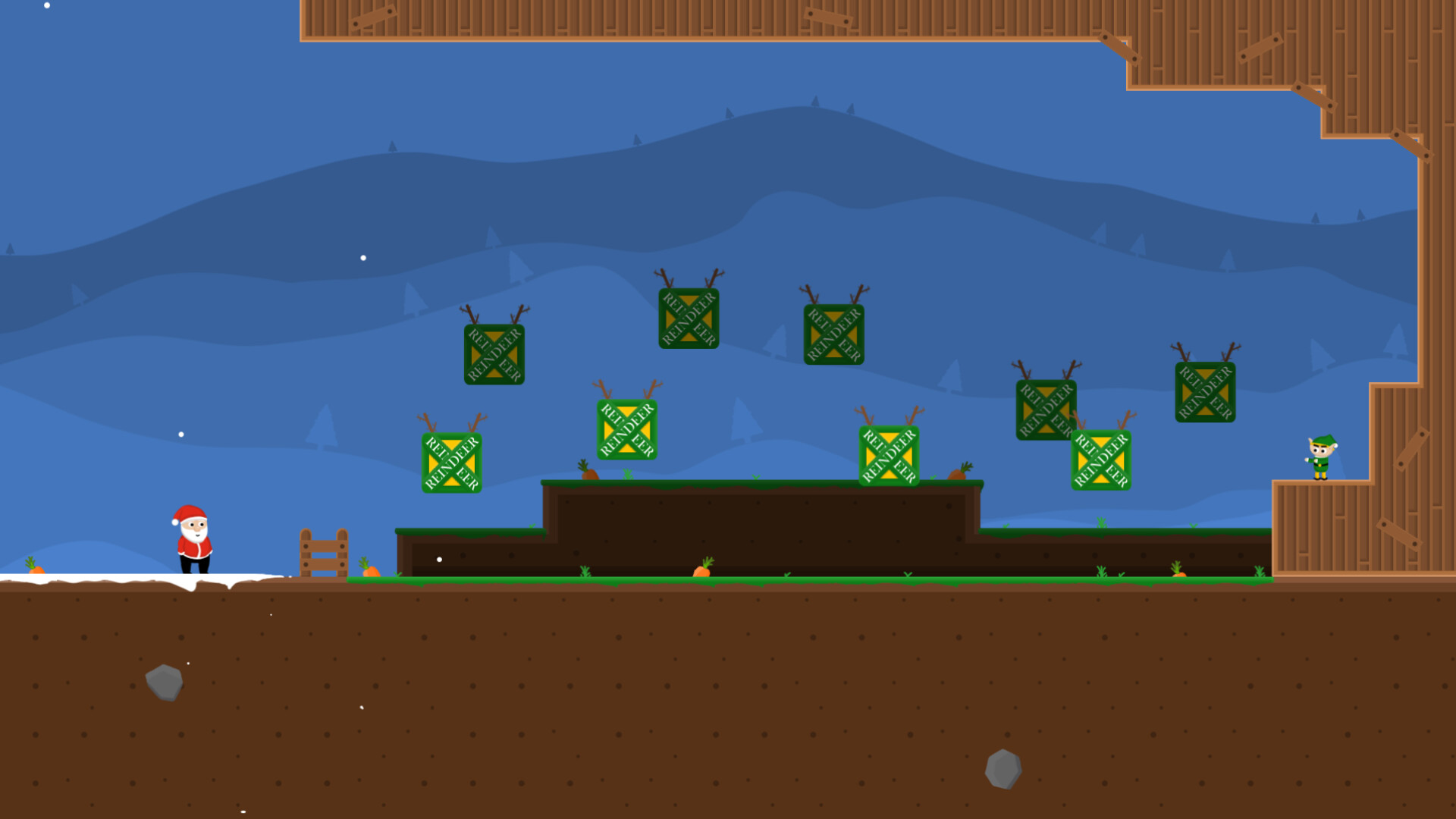 遊戲截圖展示了充滿聖誕色彩的關卡設計，玩家需要在方塊間跳躍