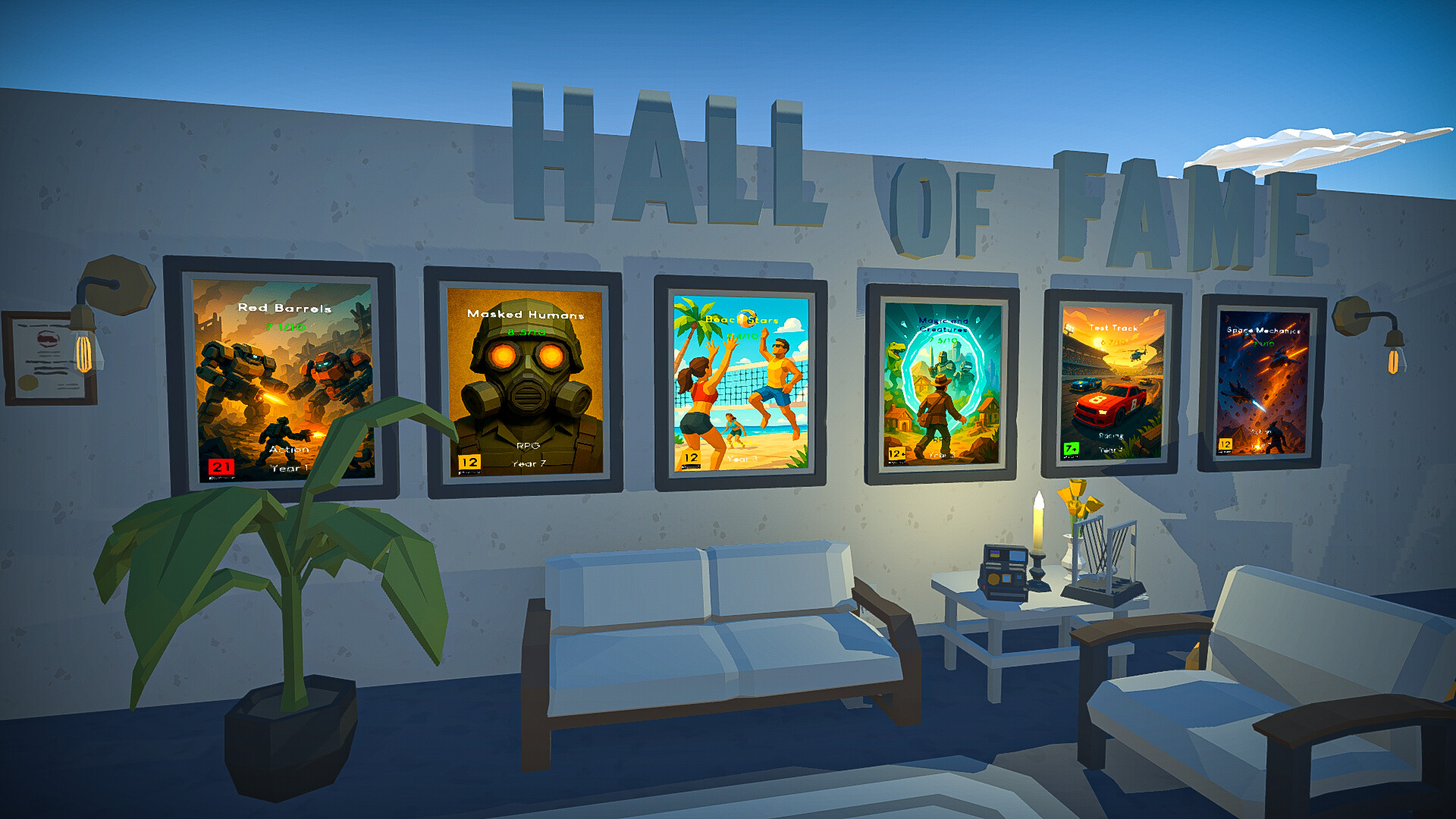 GameOn! 遊戲中俯瞰辦公室的視角，展示了多名員工在各自的工位上工作。