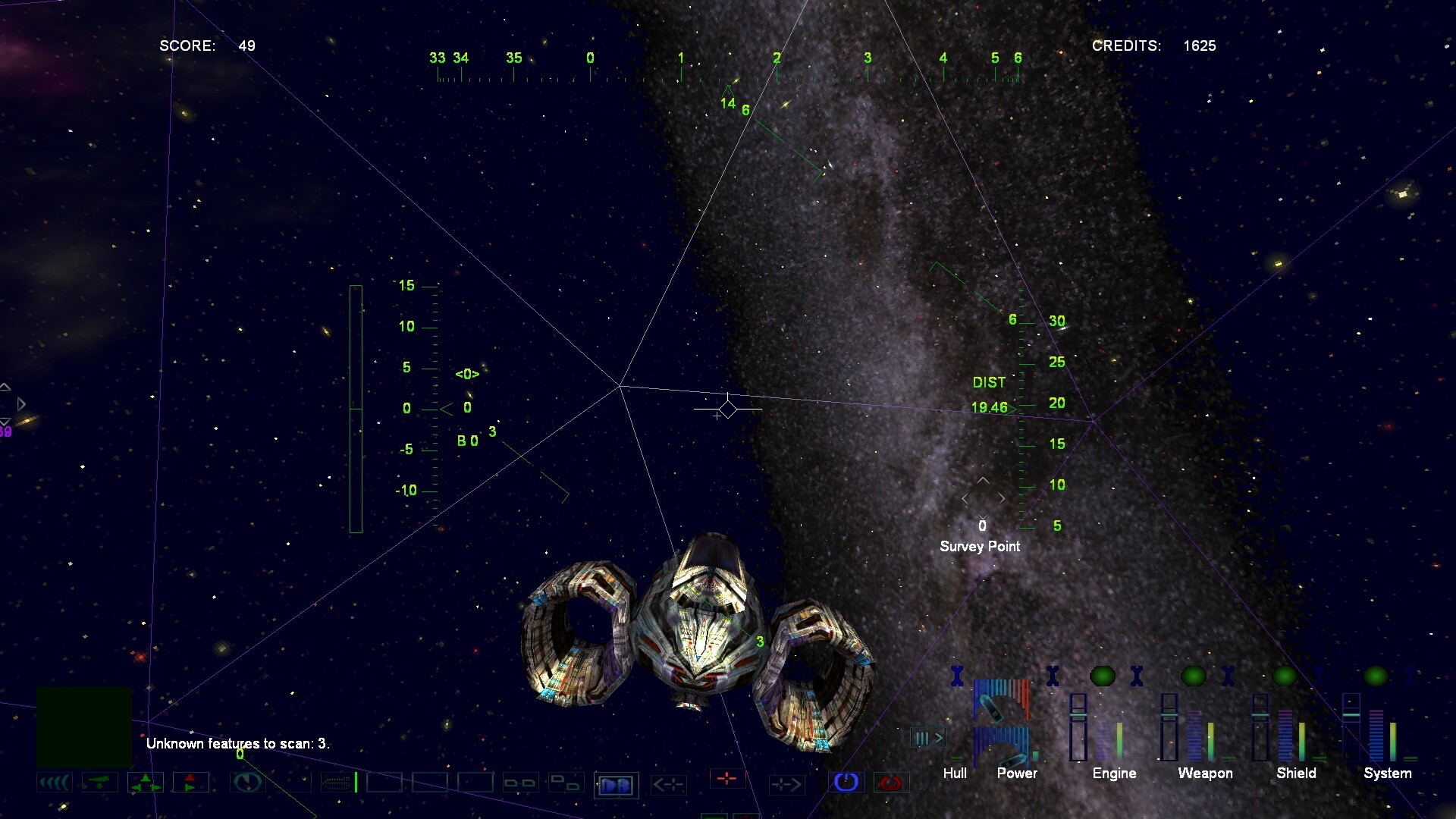 第一人稱駕駛艙視角,顯示雷達、護盾狀態與外面的太空景色。