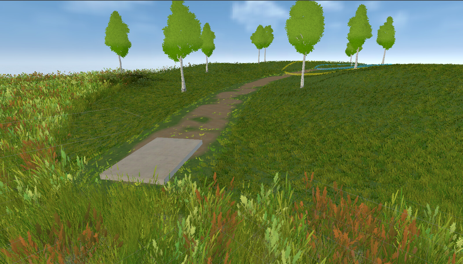 展示其中一個球場的自然景觀，陽光穿過樹林灑在草地上