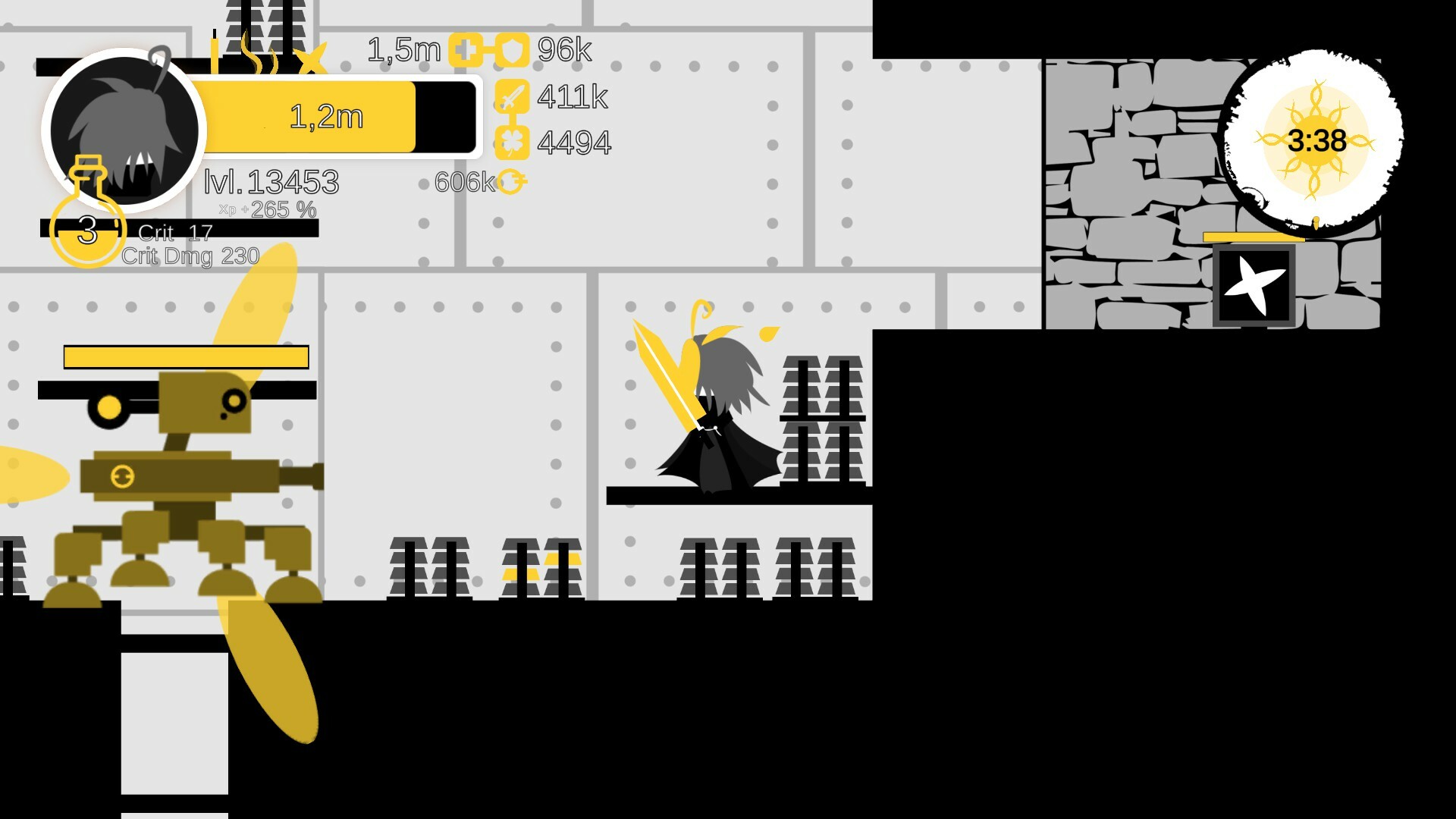 遊戲中的技能特效與戰鬥畫面，展現了黃色能量的爆發。