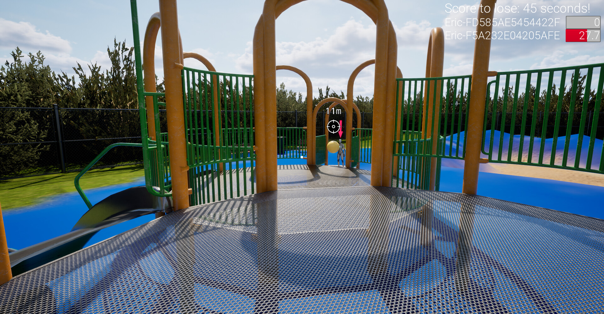 一個充滿幾何結構和平台的遊戲場景,多名玩家在其中追逐。