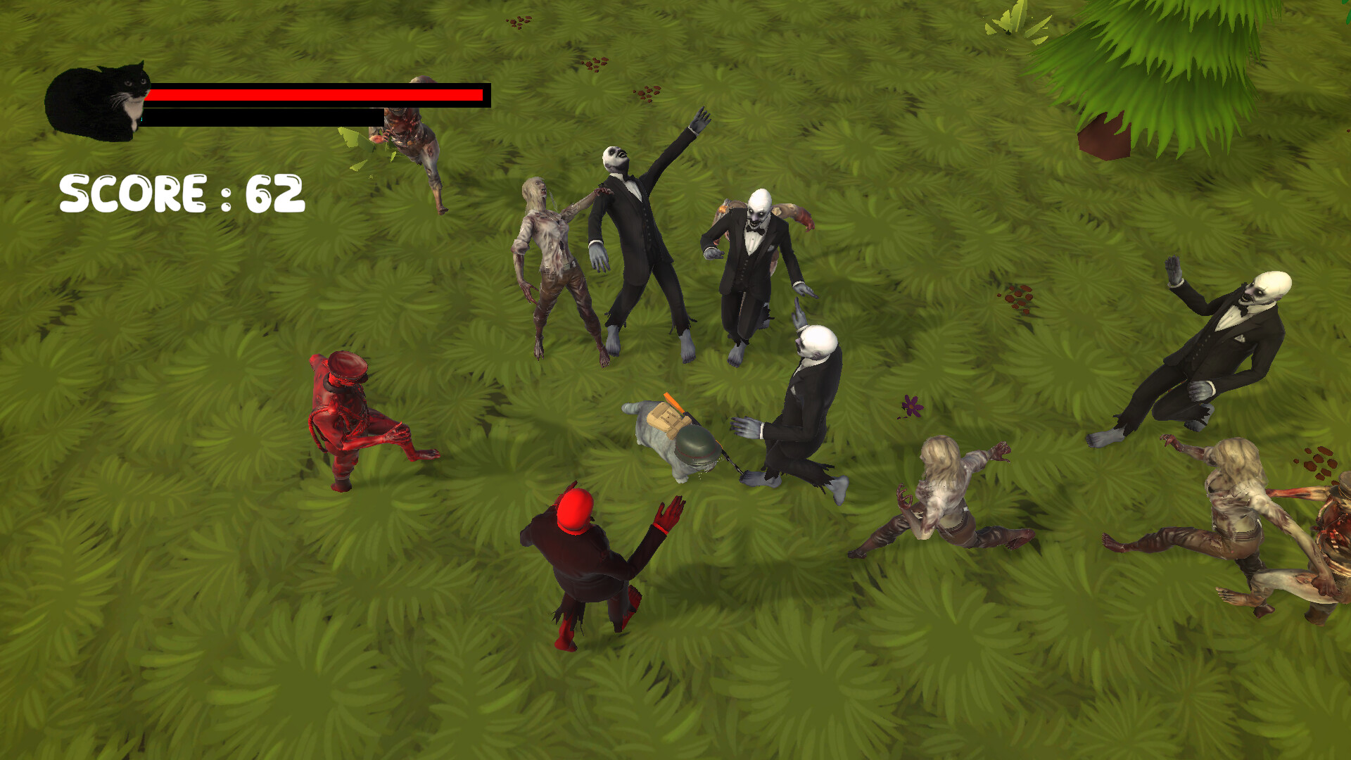 遊戲實機畫面，顯示貓咪被大量殭屍包圍的緊張時刻