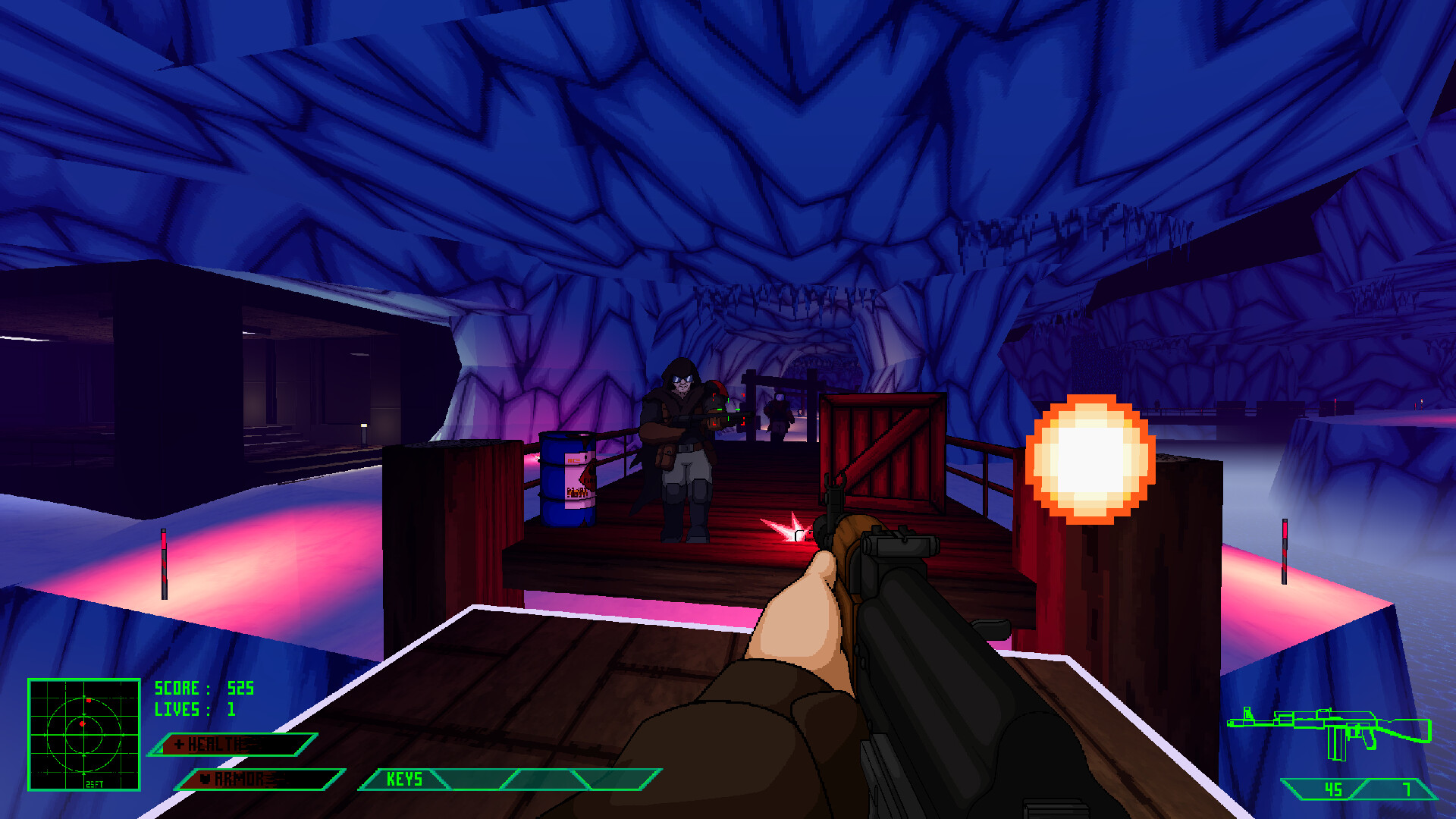 近距離遭遇戰,敵人被擊殺後的血腥效果,展現了遊戲的暴力美學