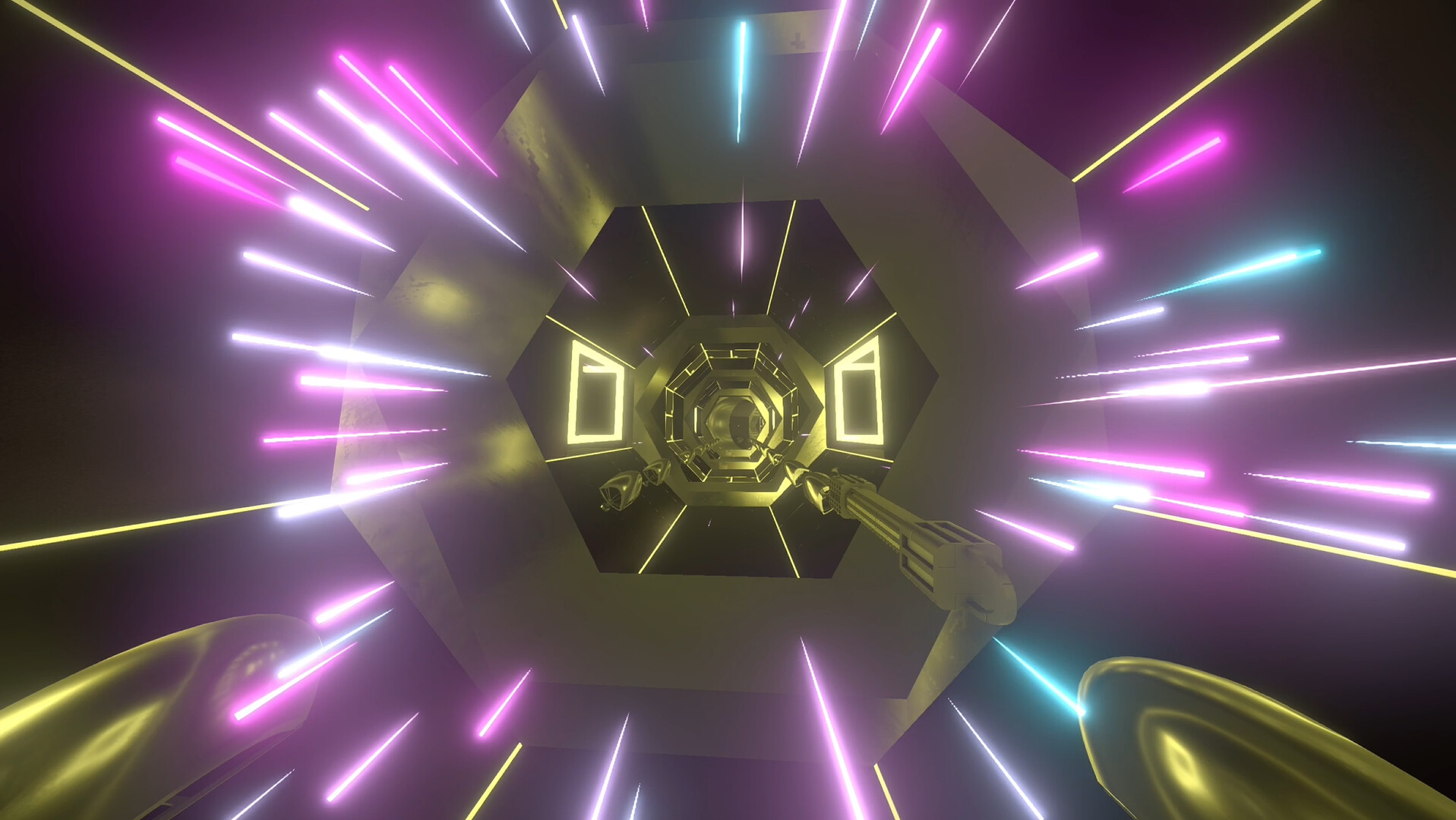 一個充滿霓虹燈光和數位風格的關卡,玩家正在空中高速飛行。