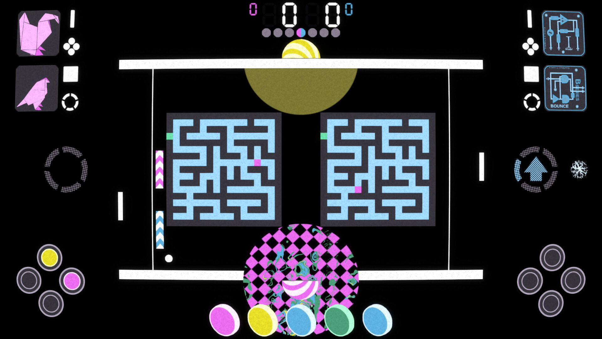 遊戲實機畫面,可以看到場地中央正在進行小遊戲,同時兩側還要進行球類對戰。