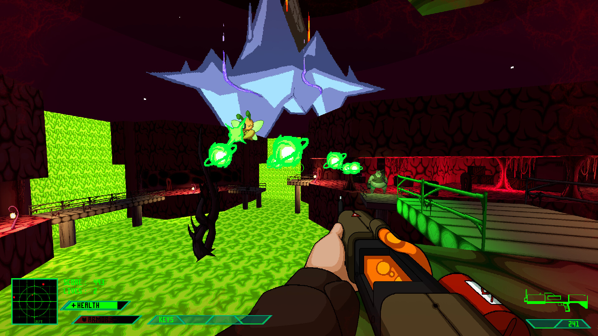 遊戲中的特殊光影場景,紅色調的燈光營造出危險的氣息