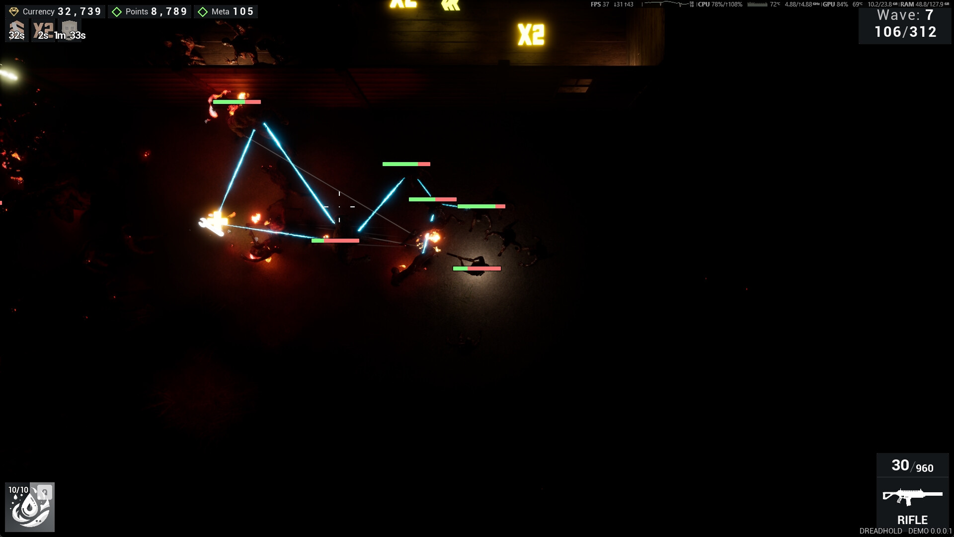 DreadHold 遊戲截圖，展示黑暗環境中的光影與戰鬥特效