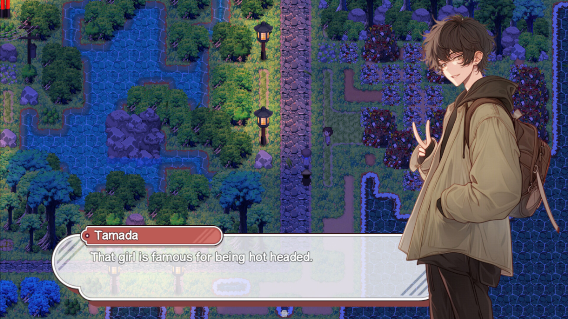 遊戲場景截圖,展示了學校走廊的對話情境