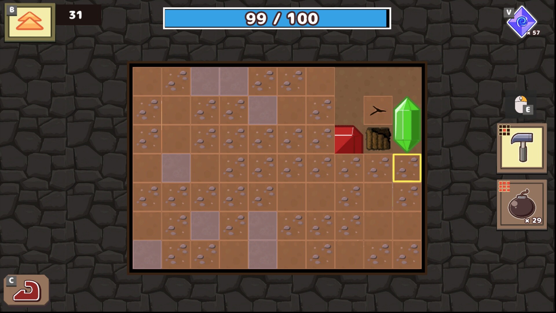 玩家使用十字鎬進行挖掘，周圍的方塊被敲碎。