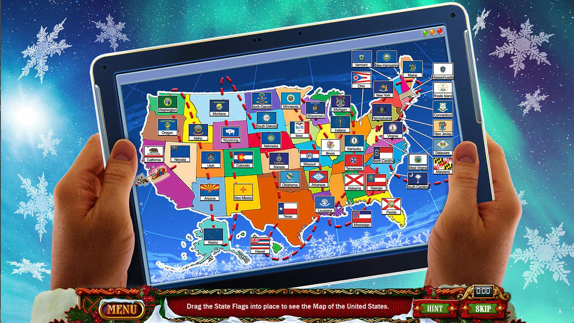 遊戲截圖:戶外雪景,展示了被白雪覆蓋的房屋與街道,玩家需在此尋找線索。