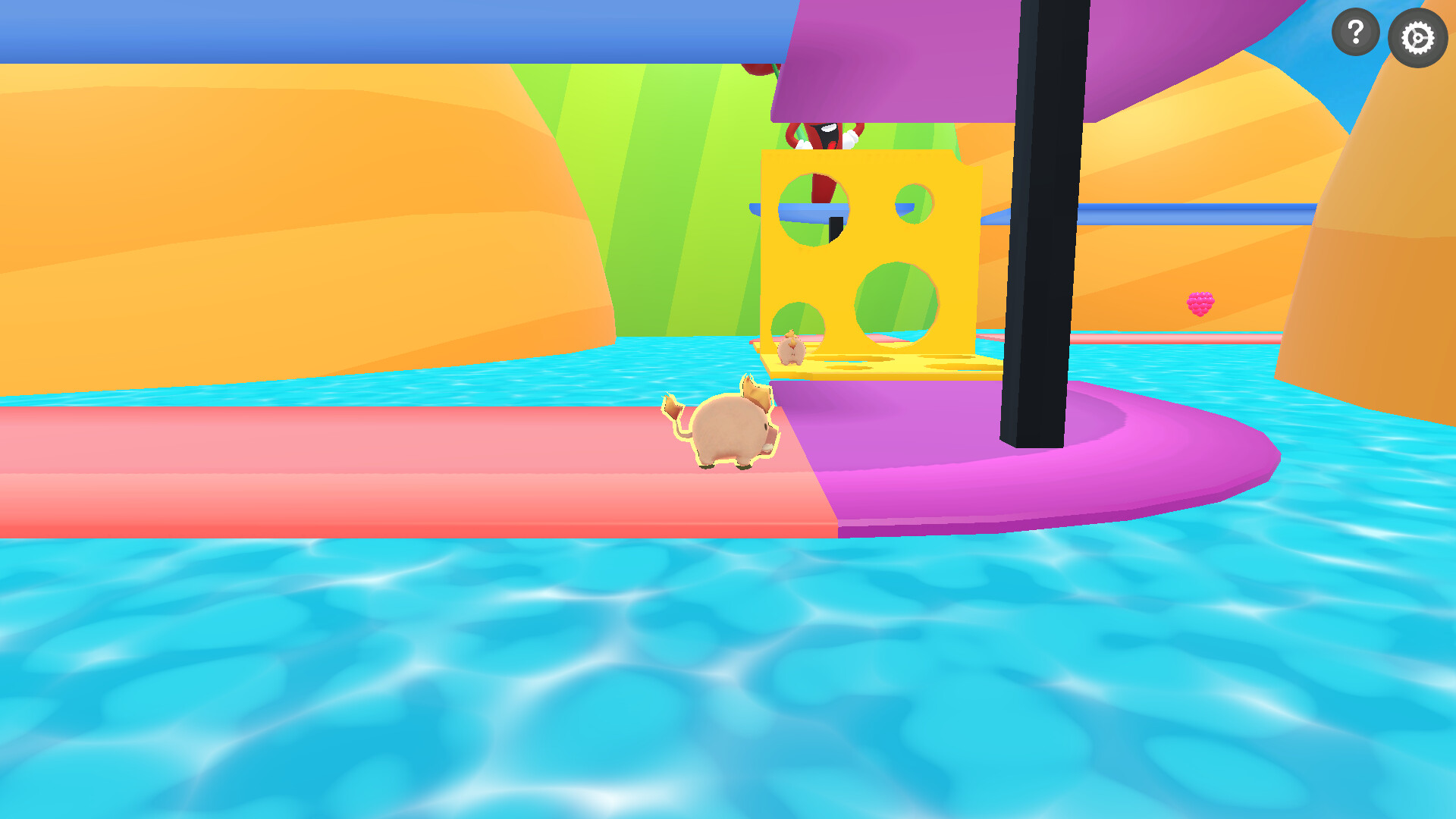 小豬在空中跳躍的特寫鏡頭，背景是藍天白雲