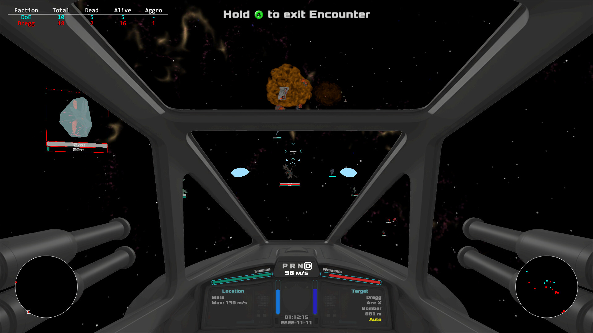 飛船的外部視角特寫,展示了精細的機械結構與武器掛載