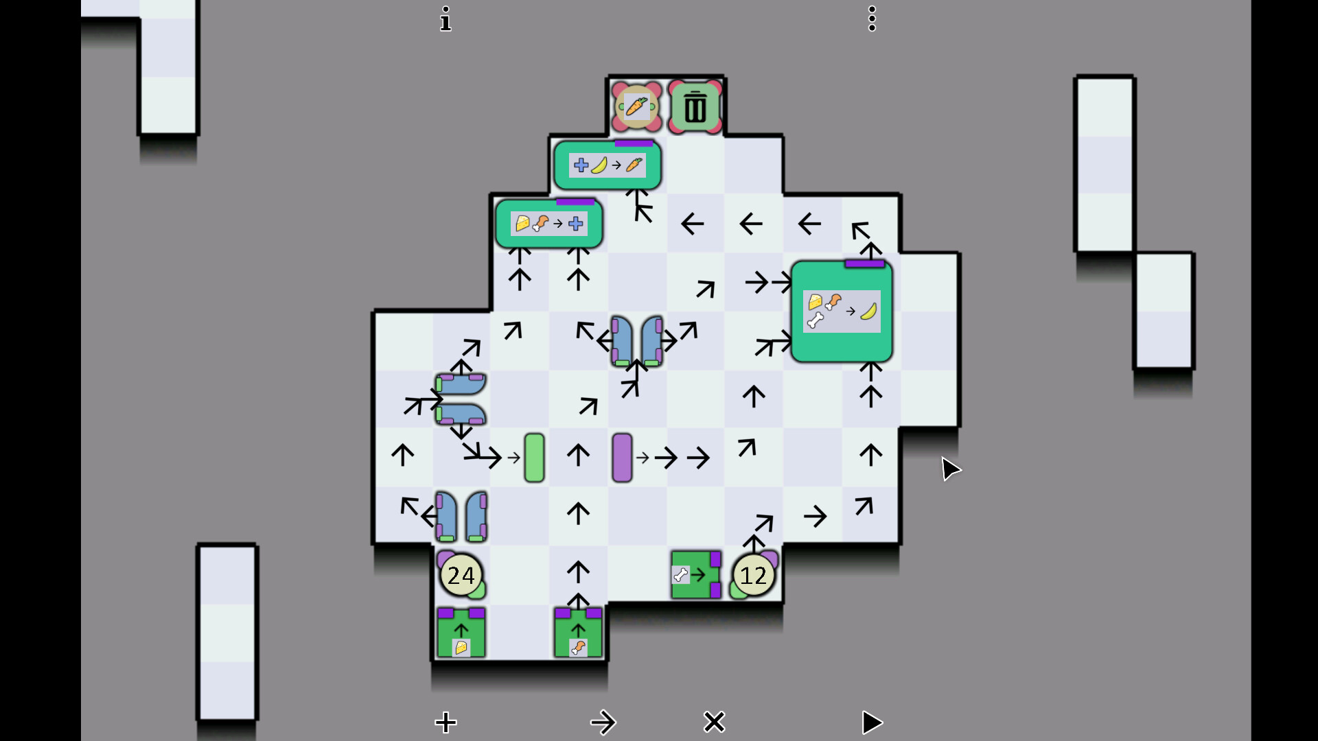 隨著關卡推進,工廠的複雜度逐漸提升,需要使用分離器、合併器等更多邏輯元件